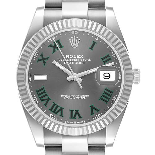 The Rolex Datejust 41 126334 Men's Stainless Steel Grey Dial is shown from a front angle, highlighting the dial, bezel, crown, and partial bracelet.