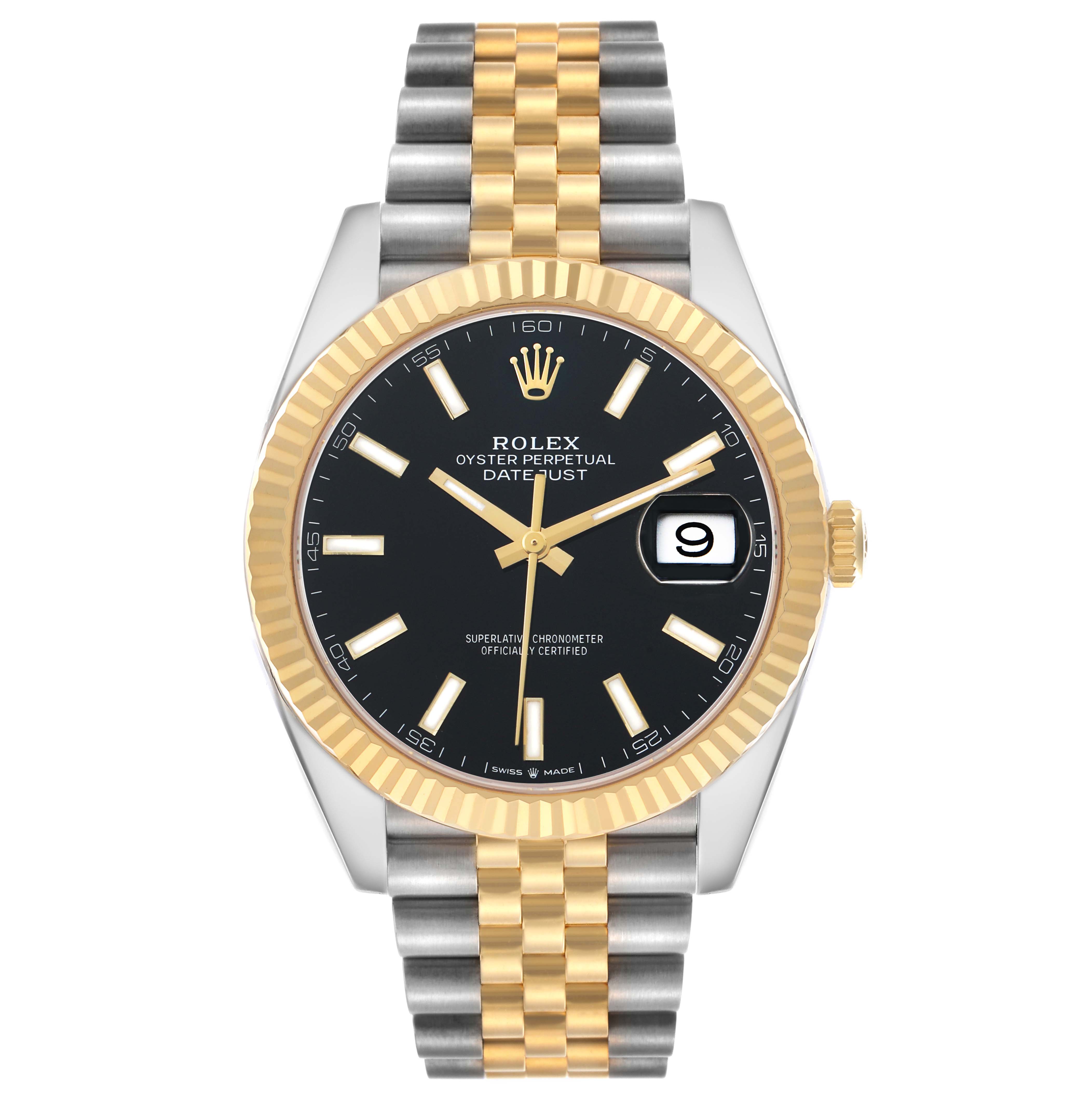 The Rolex Datejust 41 126333 Men's Steel and Gold (two tone) Black Dial is shown from a front angle, highlighting the black dial, fluted bezel, gold and silver Jubilee bracelet.