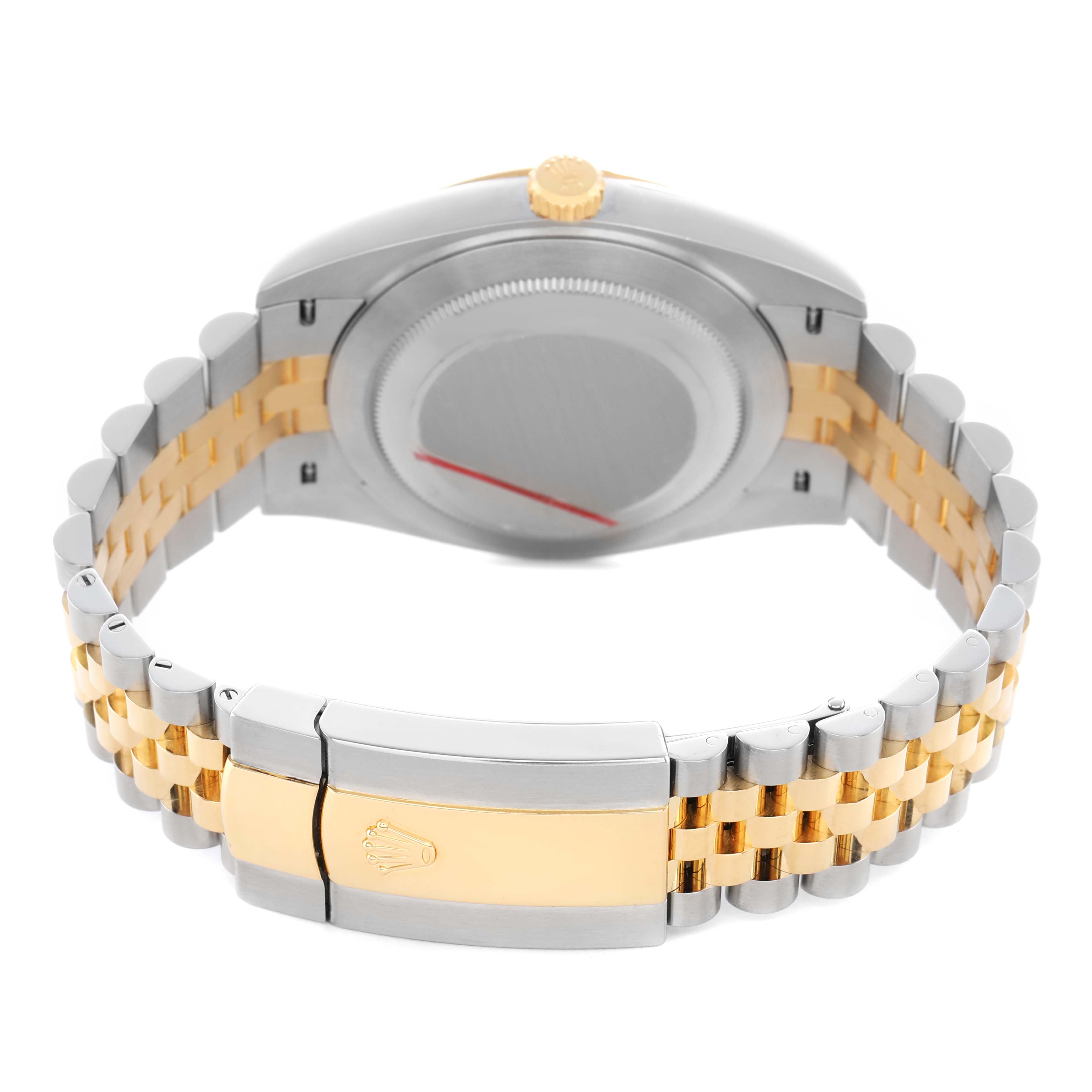 The image shows a Rolex Datejust 41 126333 Men's Steel and Gold (two tone) Black Dial from the back, highlighting the bracelet, clasp, and case back.