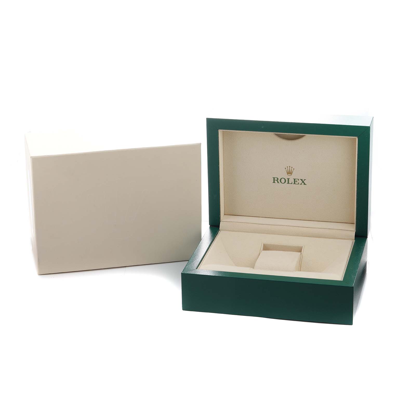 The image shows an open Rolex Datejust 41 126333 Men's Steel and Gold (two tone) Black Dial watch box and an accompanying outer box, viewed from the front.