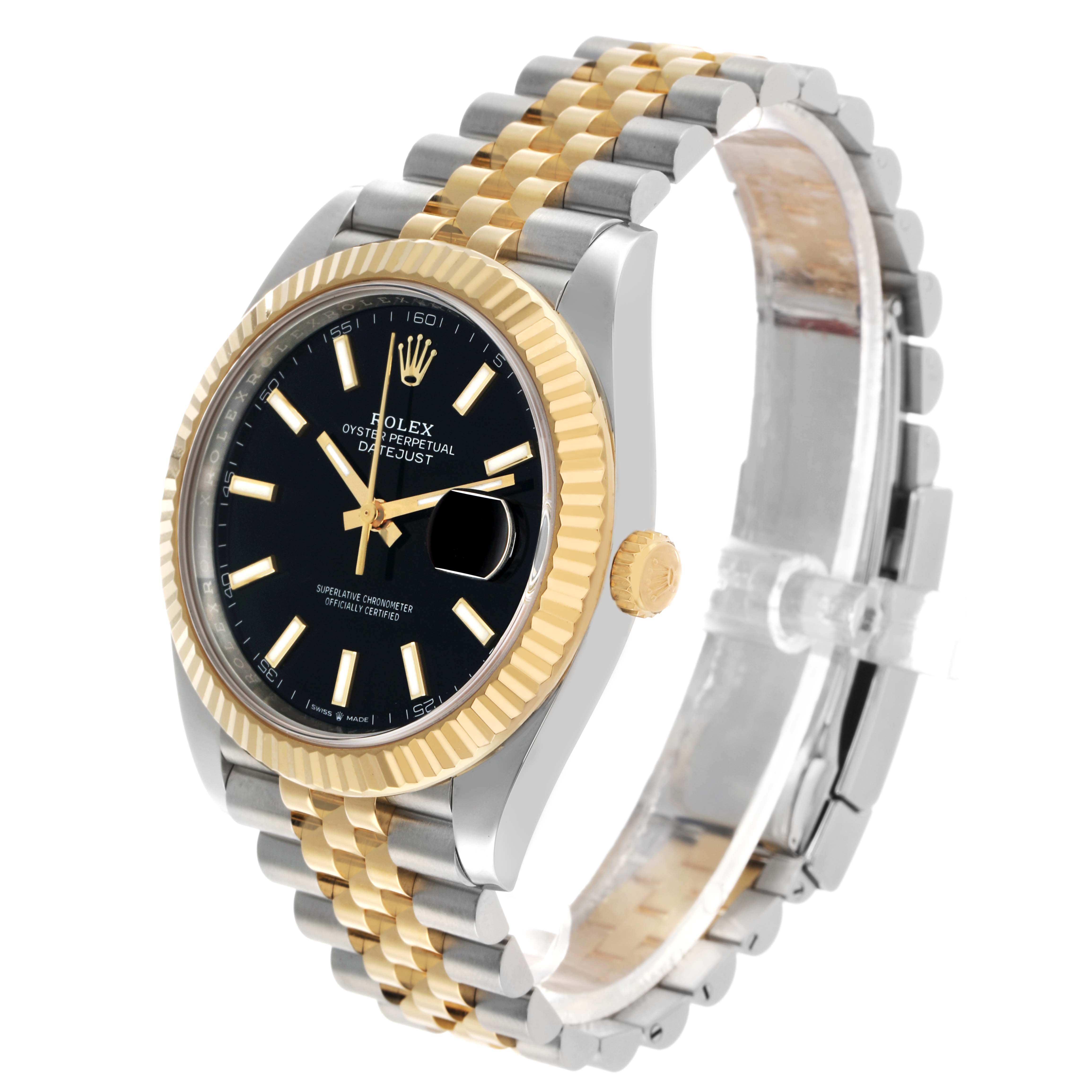 The Rolex Datejust 41 126333 Men's Steel and Gold (two tone) Black Dial watch is shown at an angled view displaying the face, fluted bezel, and Jubilee bracelet.