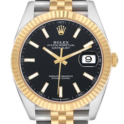 The Rolex Datejust 41 126333 Men's Steel and Gold (two tone) Black Dial watch is shown from the front, displaying the bezel, dial, hands, date window, and part of the bracelet.