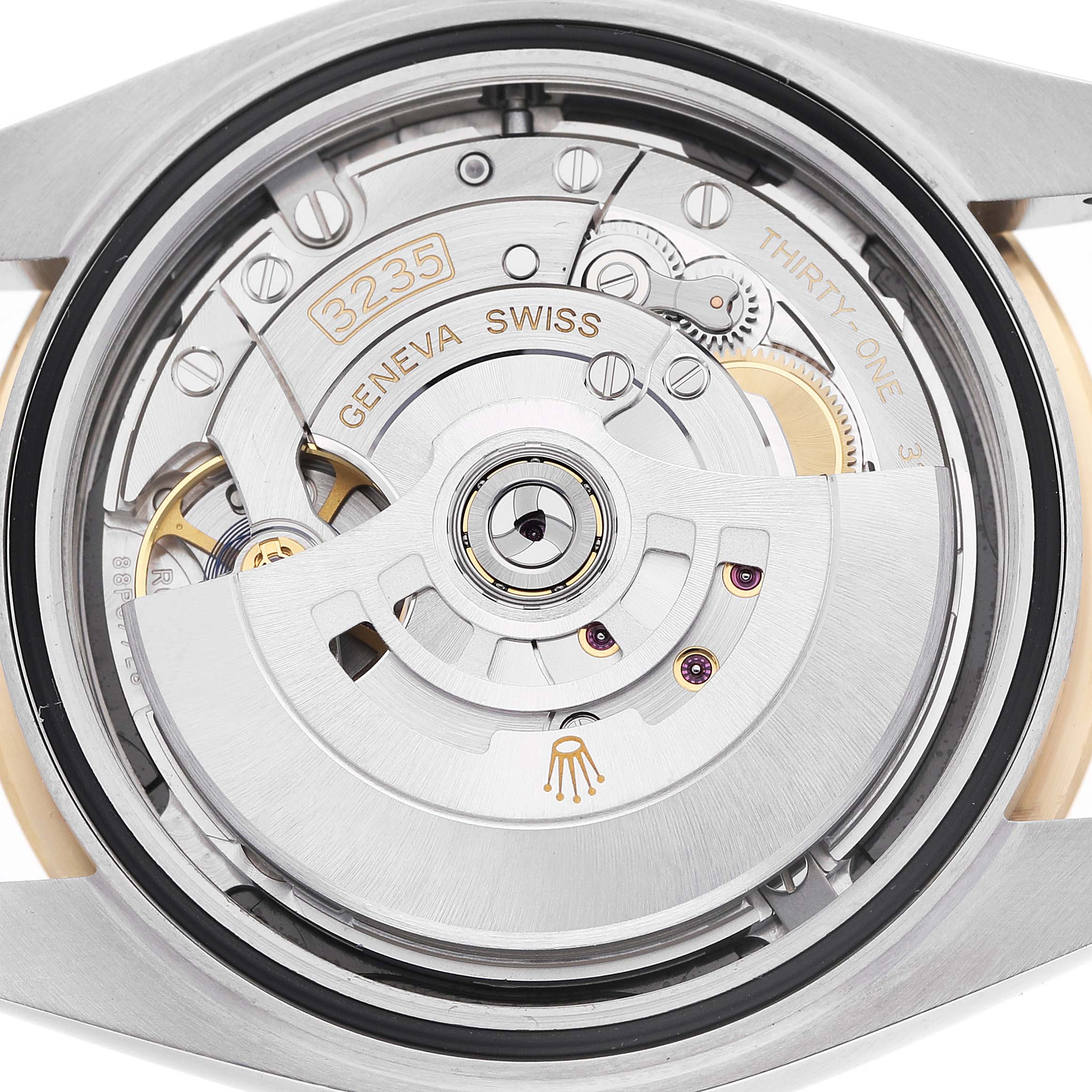 The image shows the movement of a Rolex Datejust 41 126333 Men's Steel and Gold (two tone) Black Dial, highlighting the rotor and intricate mechanical components from a top-down angle.