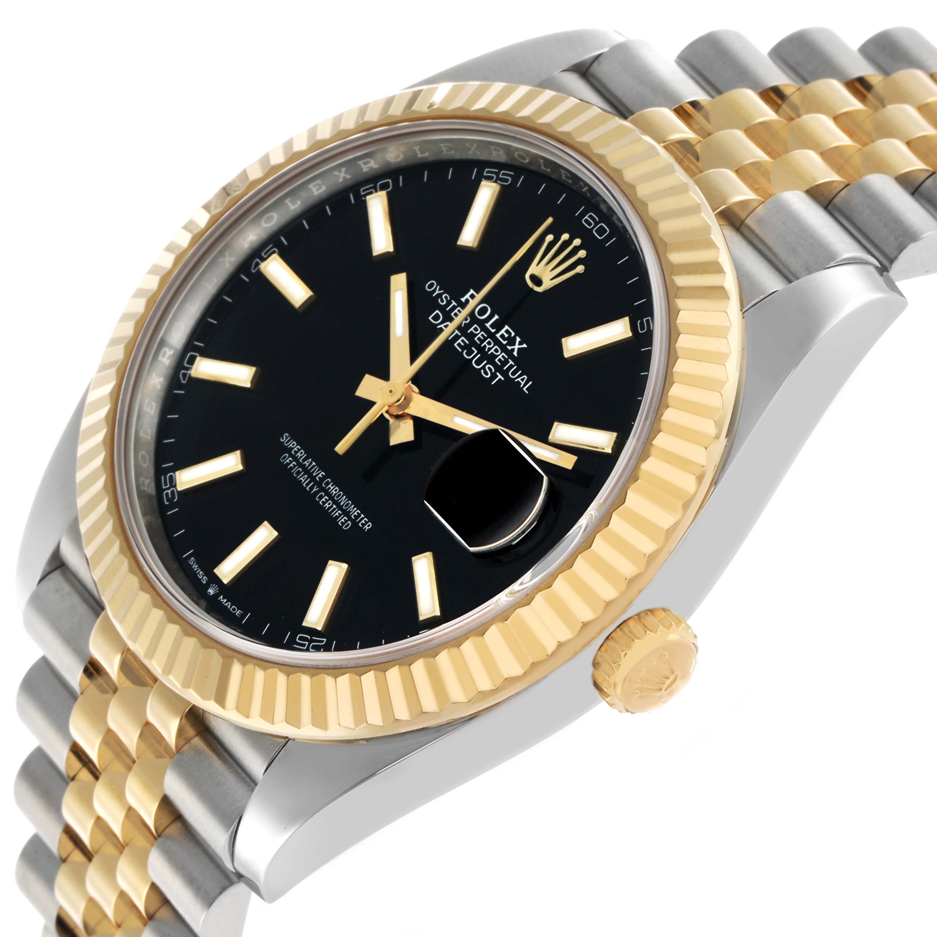 The Rolex Datejust 41 126333 Men's Steel and Gold (two tone) Black Dial is shown at a three-quarter angle, highlighting its black dial, fluted bezel, gold accents, and Jubilee bracelet.