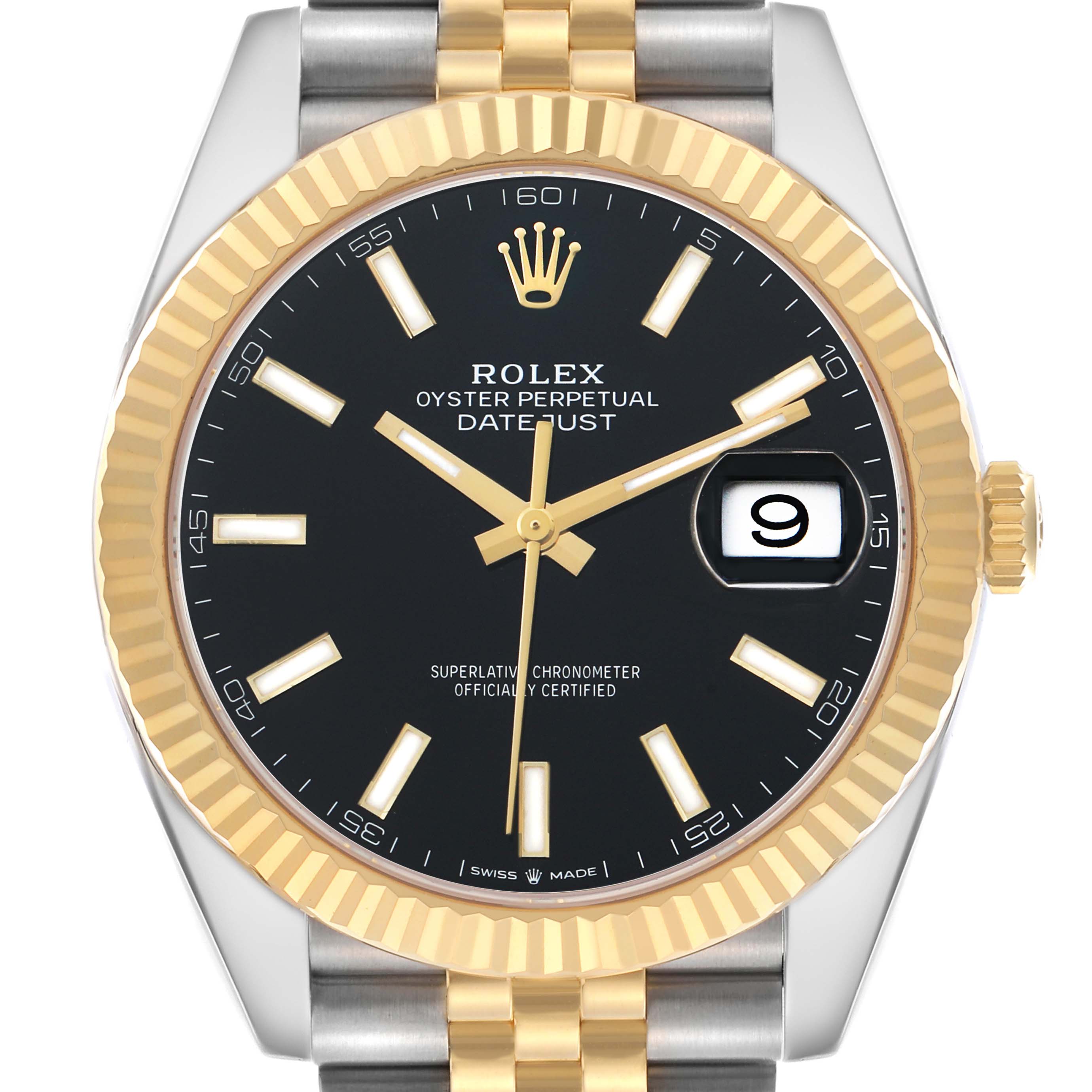 The Rolex Datejust 41 126333 Men's Steel and Gold (two tone) Black Dial is shown from the front, highlighting its gold and stainless steel bezel, black dial, and date display.