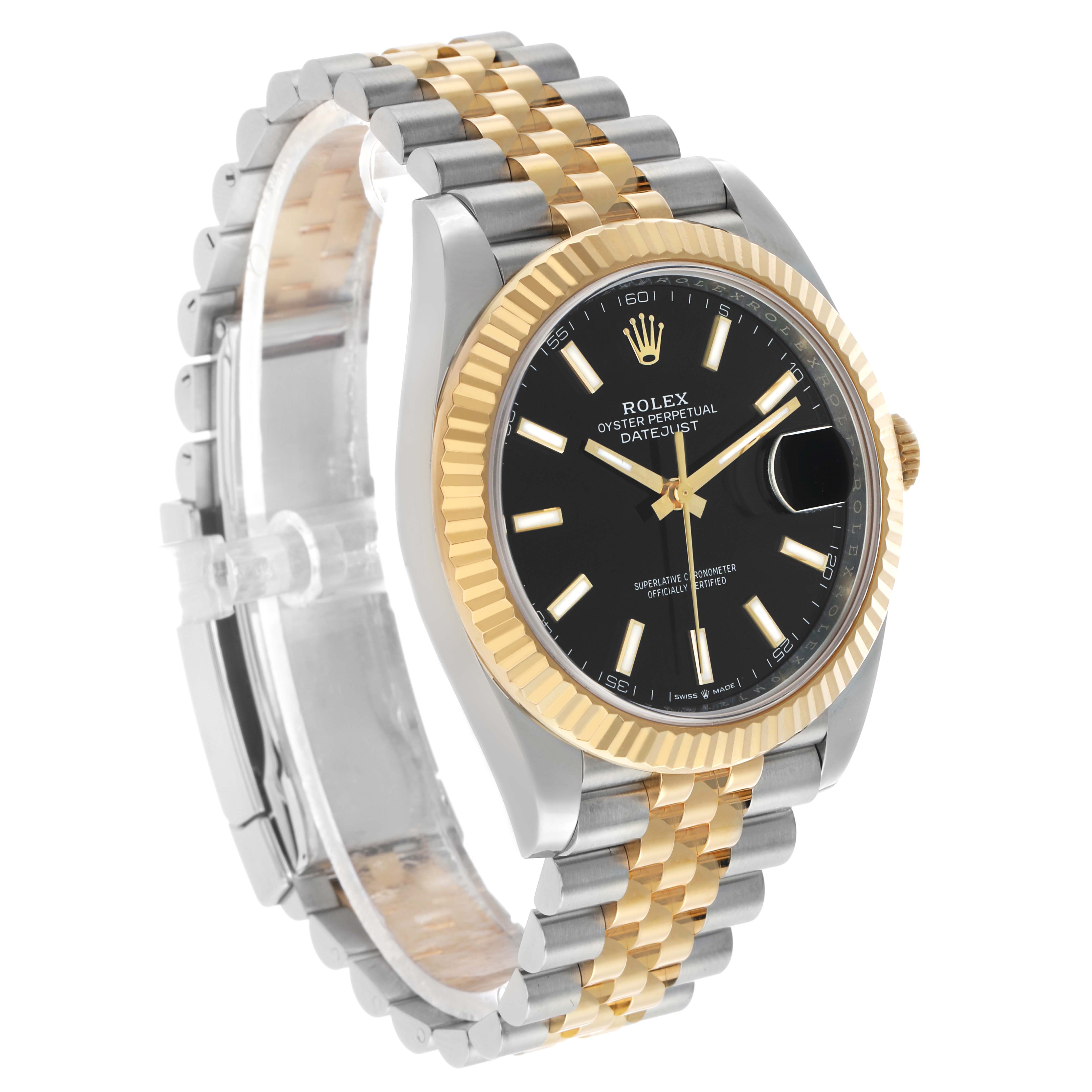 The Rolex Datejust 41 126333 Men's Steel and Gold (two tone) Black Dial is shown at a three-quarter angle, displaying the bracelet, bezel, crown, and face with the cyclops lens.