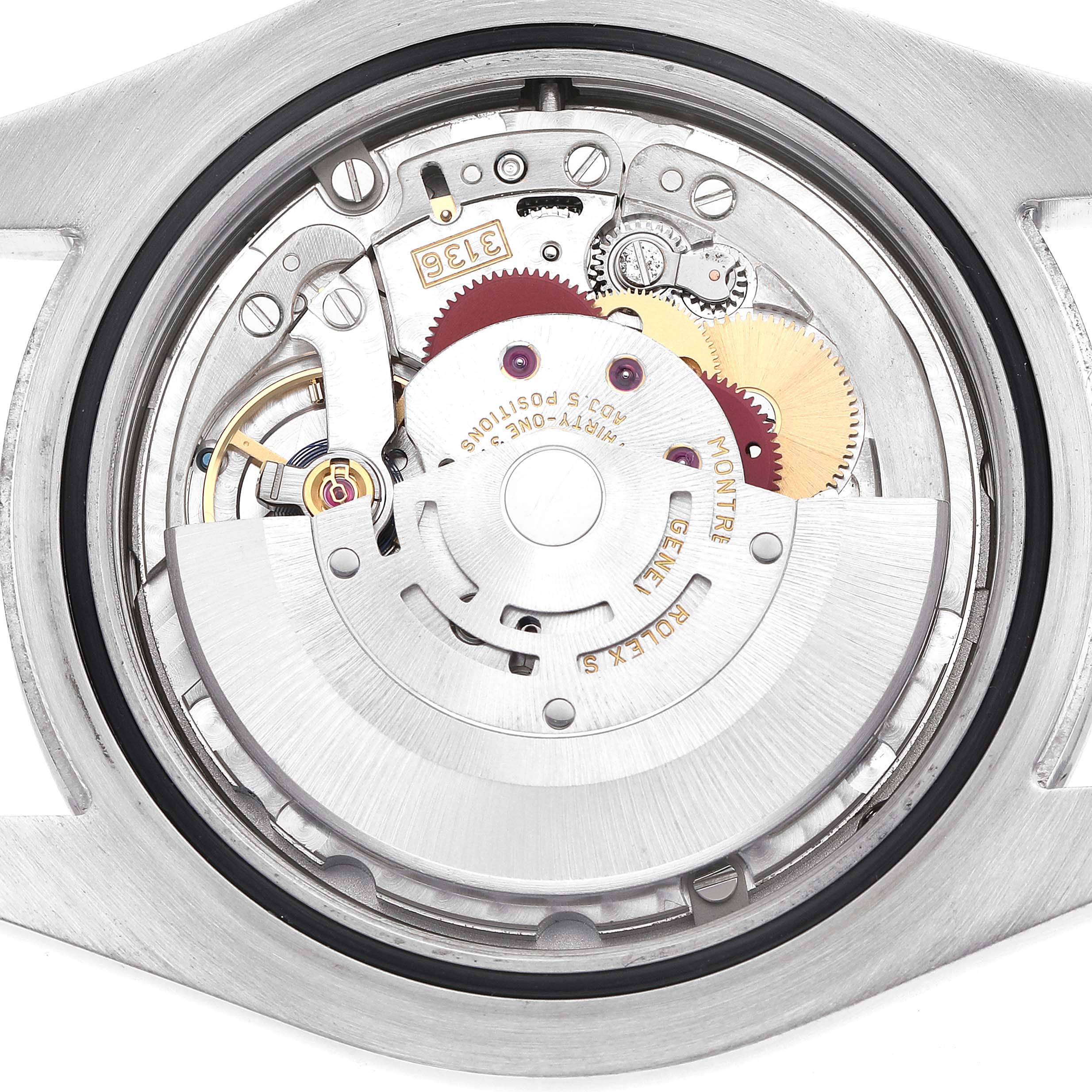 The image shows the movement mechanism of the Rolex Datejust 41 116300 Men's Stainless Steel Silver Dial, viewed from the back, highlighting gears and components.