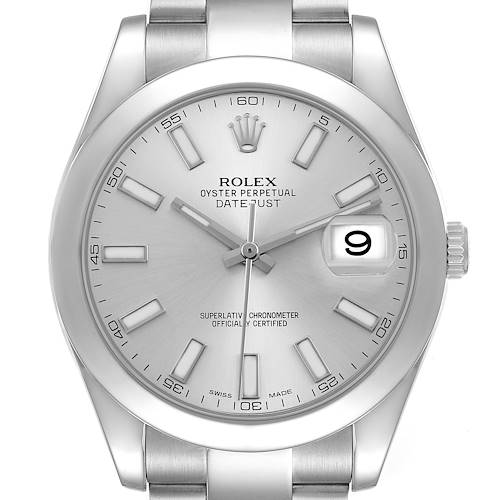 The Rolex Datejust 41 116300 Men's Stainless Steel Silver Dial is shown from a frontal angle, highlighting the silver dial, date window, and stainless steel bracelet.