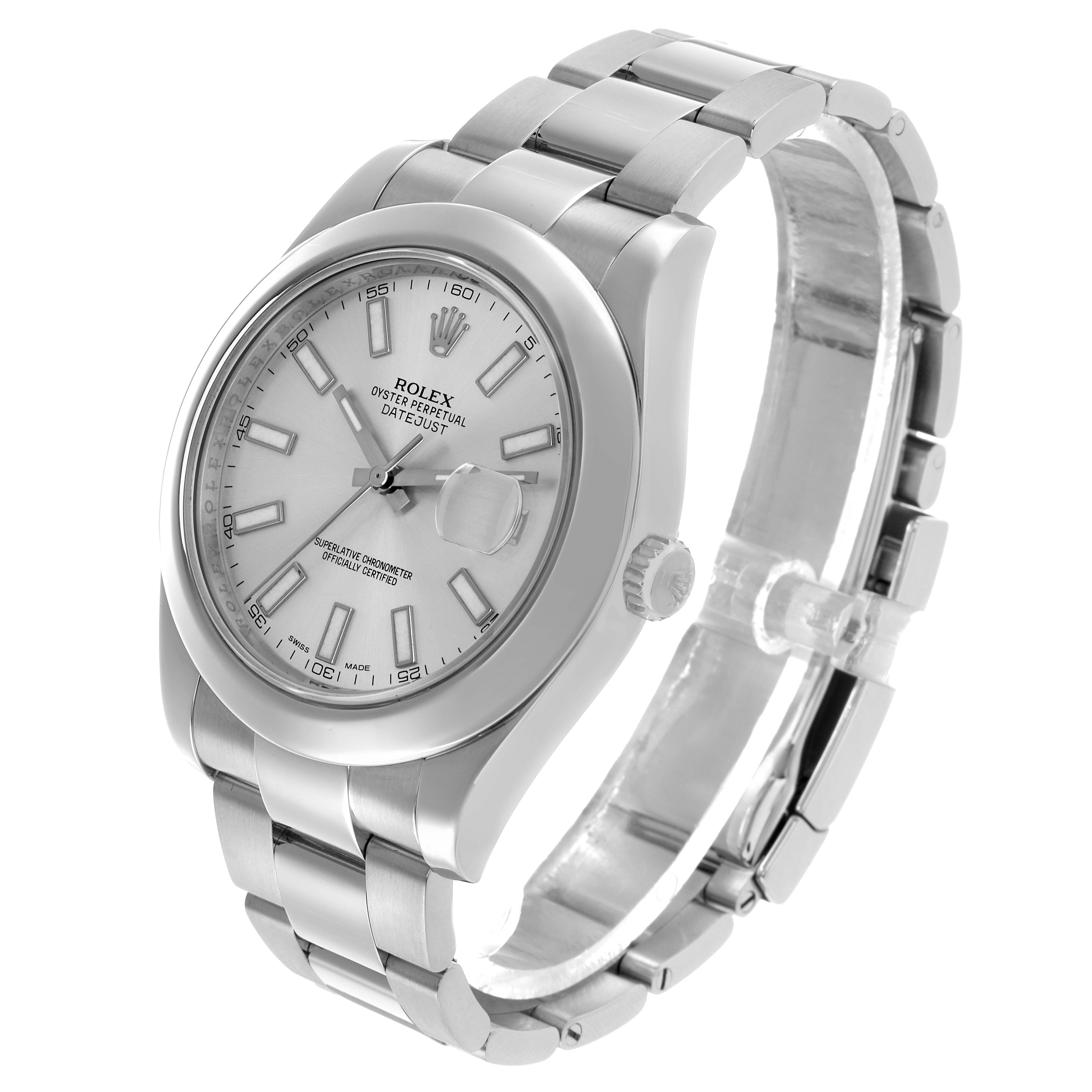 This image shows the Rolex Datejust 41 116300 Men's Stainless Steel Silver Dial at a three-quarter angle, highlighting its bracelet, dial, and crown.