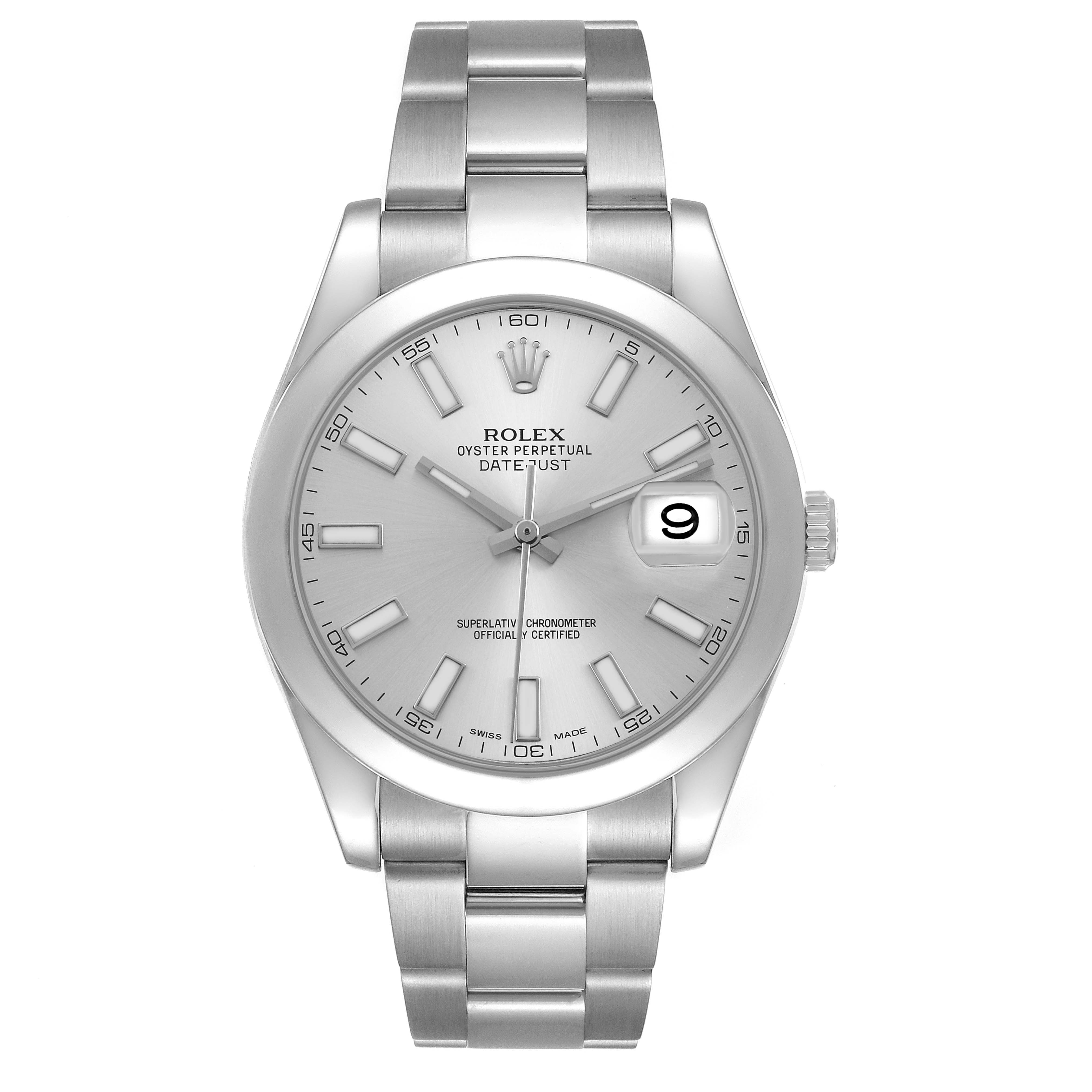 The Rolex Datejust 41 116300 Men's Stainless Steel Silver Dial watch is shown from a front angle, highlighting the dial, hands, date window, and bracelet.