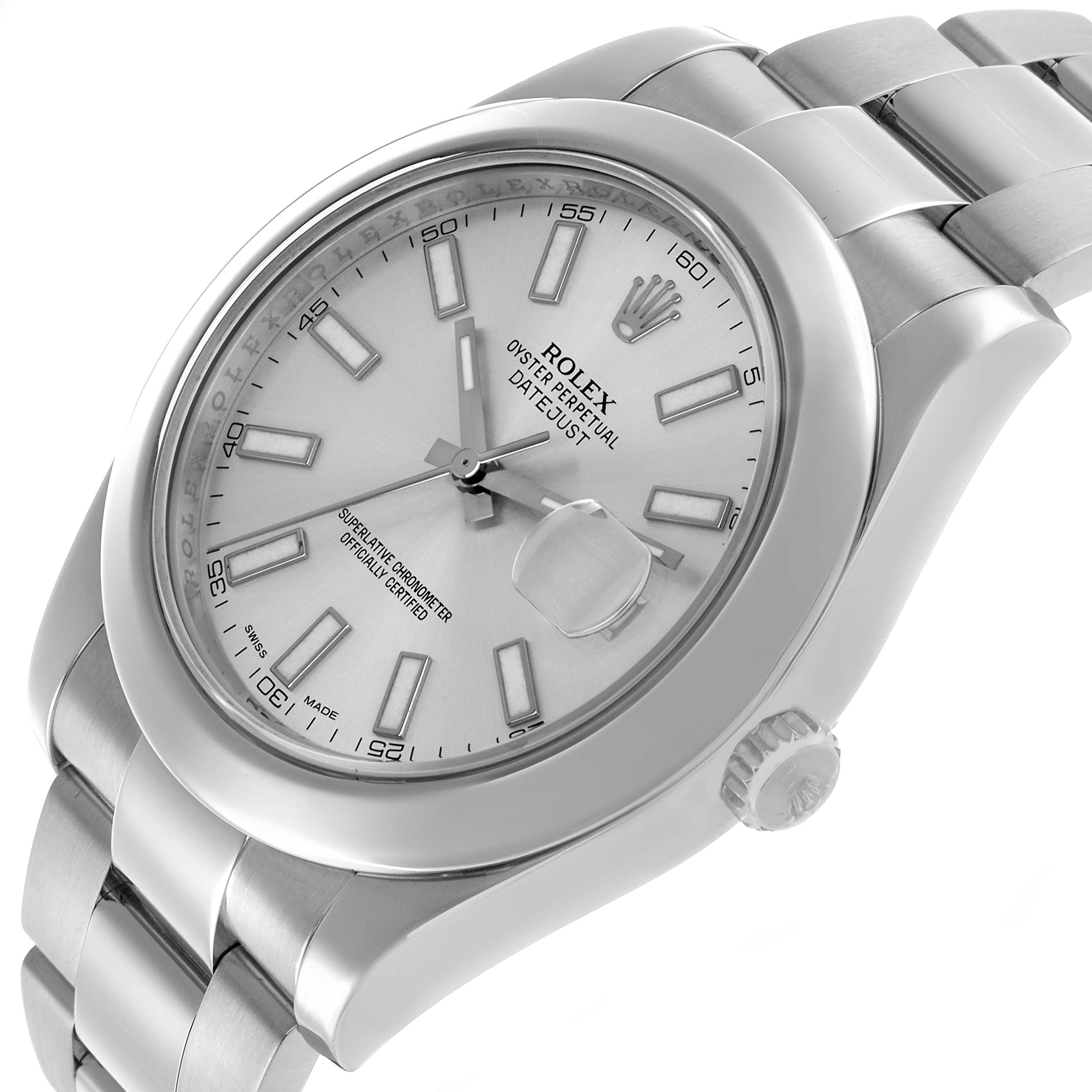 The Rolex Datejust 41 116300 Men's Stainless Steel Silver Dial watch is shown at a slight angled top-side view, highlighting the face, bezel, bracelet, and crown.