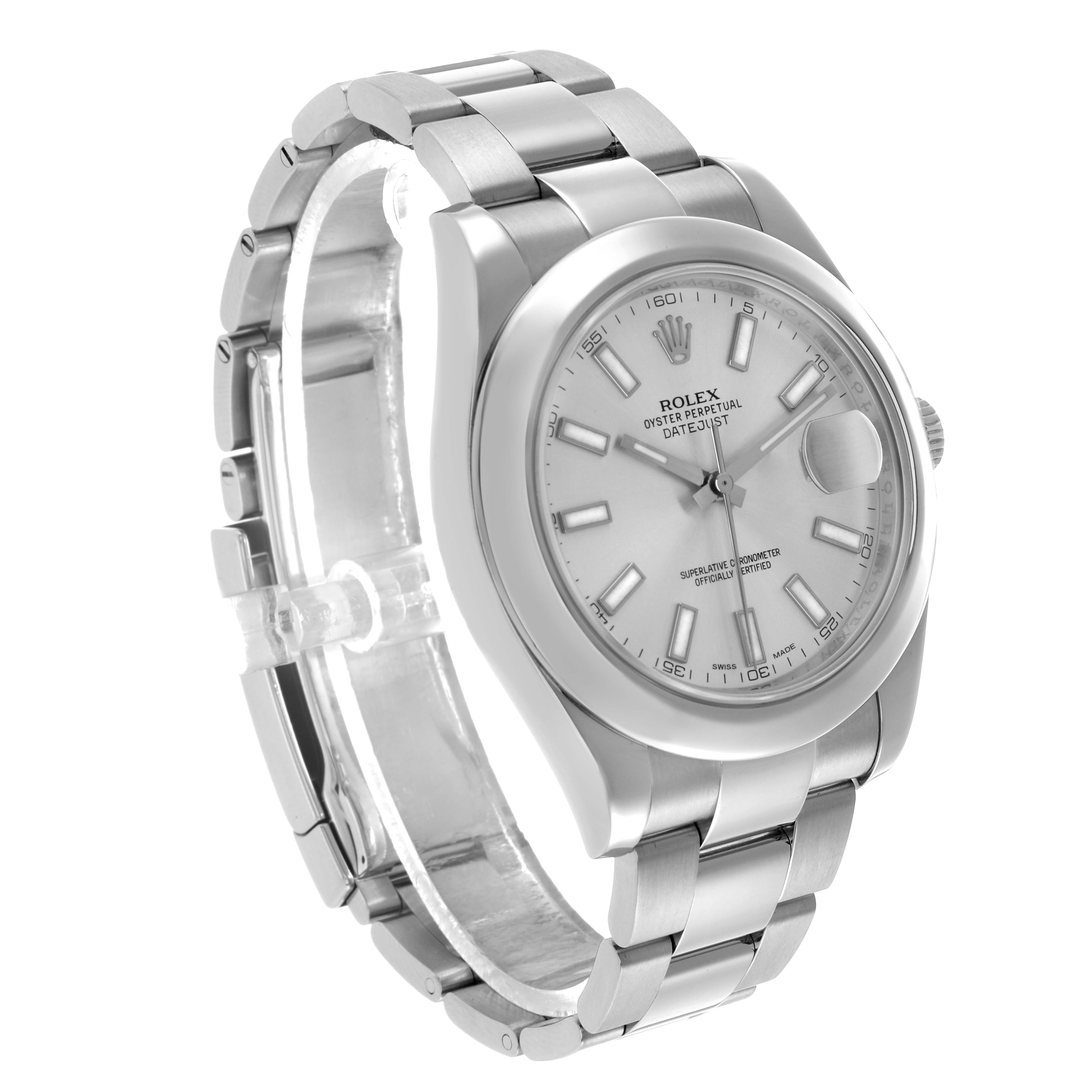 The Rolex Datejust 41 116300 Men's Stainless Steel Silver Dial watch is shown at a three-quarter angle, highlighting the dial, bracelet, and case.