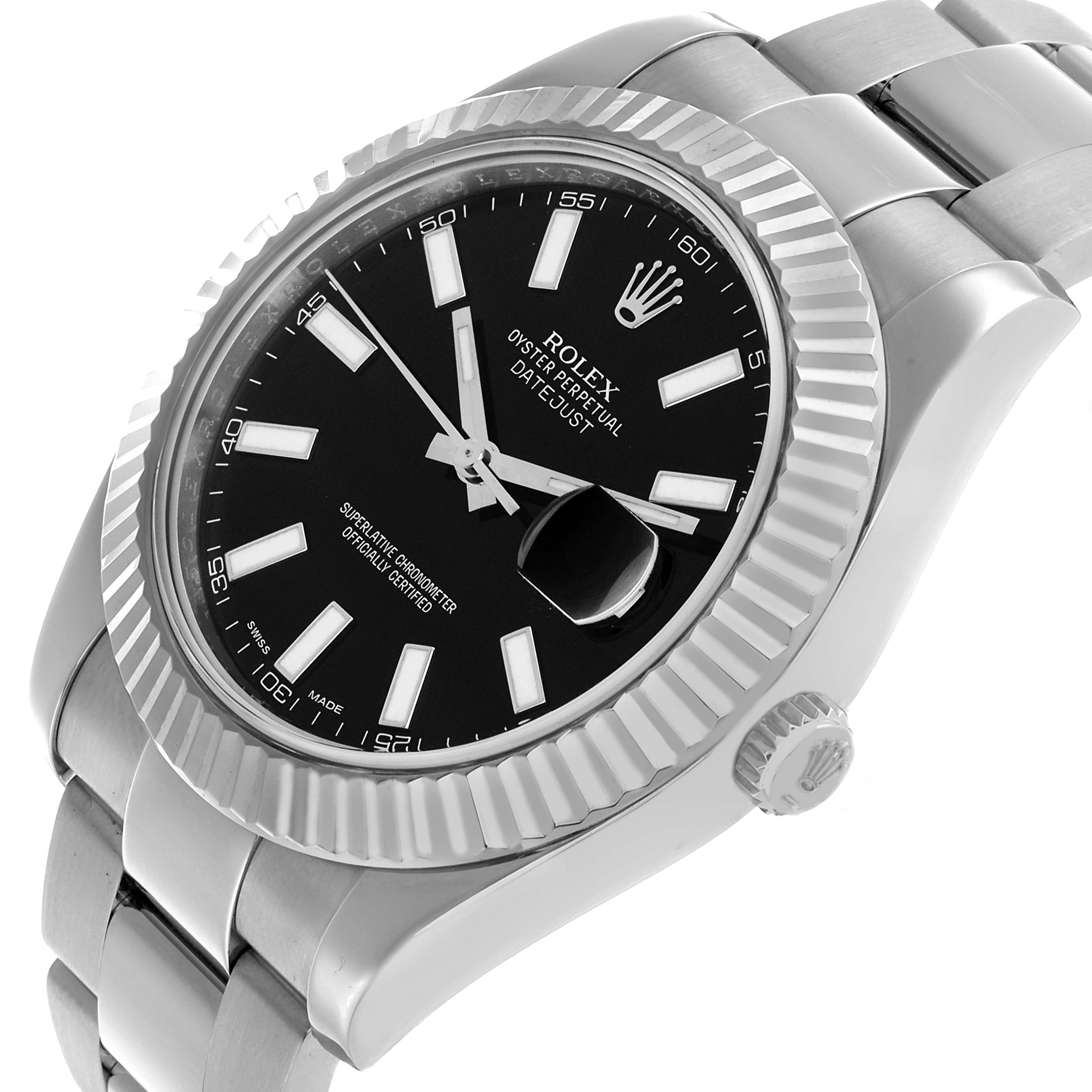 The Rolex Datejust 41 116334 Men's Stainless Steel Black Dial watch is shown at an angled front view, highlighting the dial, fluted bezel, and bracelet links.