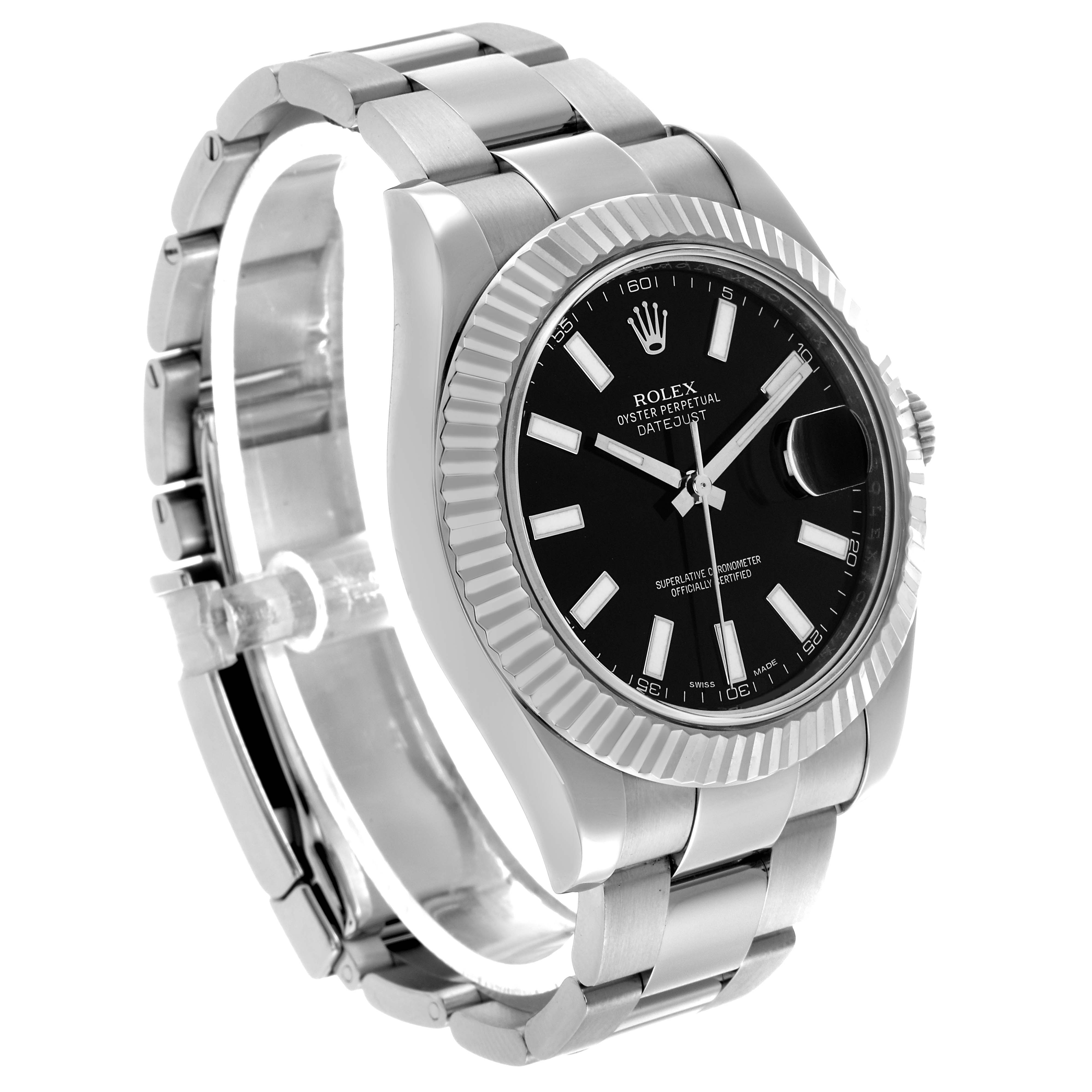 The Rolex Datejust 41 116334 Men's Stainless Steel Black Dial is shown at a three-quarter angle, highlighting the black dial, fluted bezel, and metal bracelet.