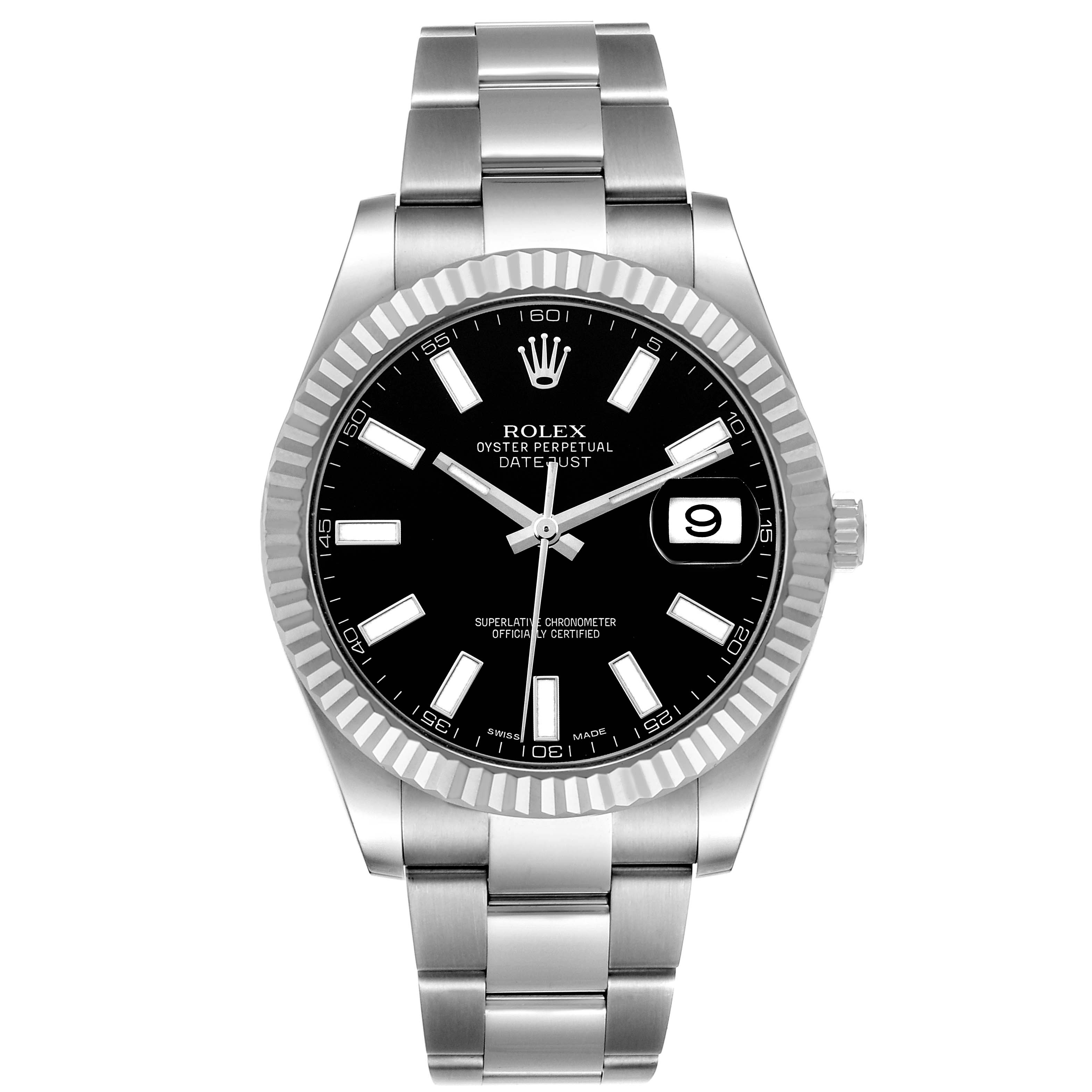 The Rolex Datejust 41 116334 Men's Stainless Steel Black Dial is shown from a frontal angle, displaying the dial, bracelet, bezel, and crown.