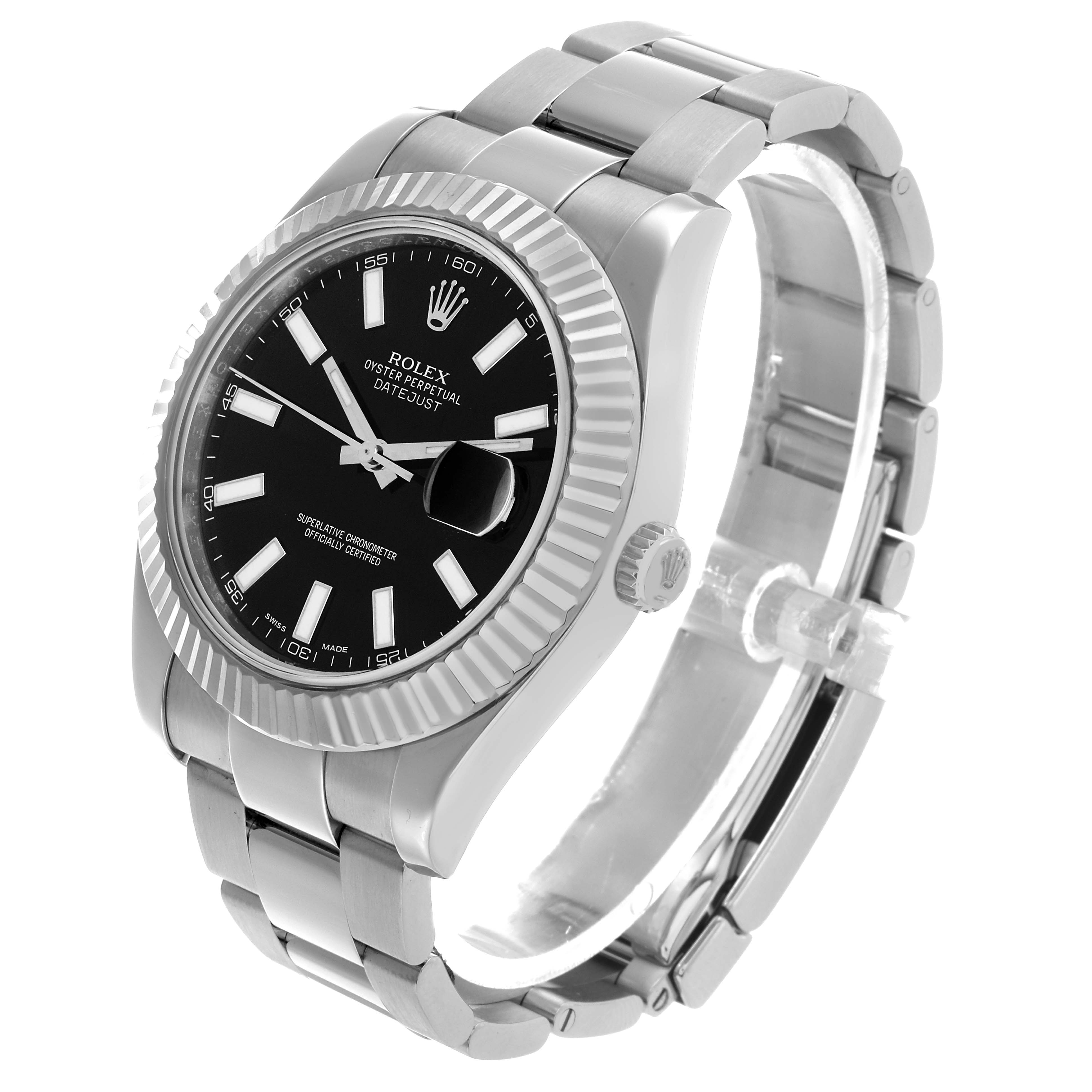 The Rolex Datejust 41 116334 Men's Stainless Steel Black Dial is shown at a slight angled view, highlighting the fluted bezel, black dial, and stainless steel bracelet.