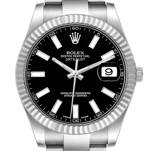 The Rolex Datejust 41 116334 Men's Stainless Steel Black Dial is shown from the front, highlighting the dial, bezel, and bracelet.