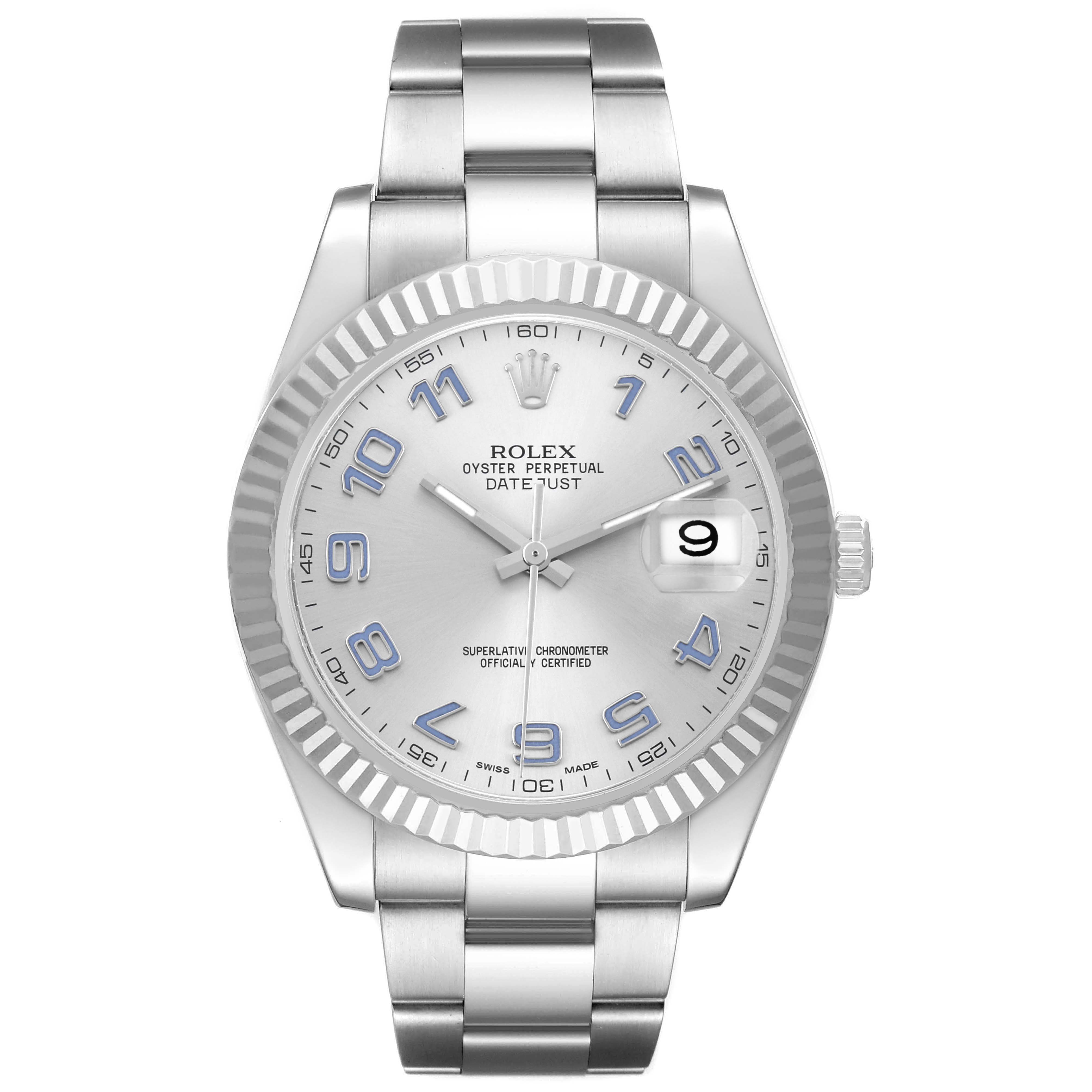 The image shows a front view of a Rolex Datejust 41 116334 Men's Stainless Steel Silver Dial watch, highlighting its dial, hour markers, and bracelet.