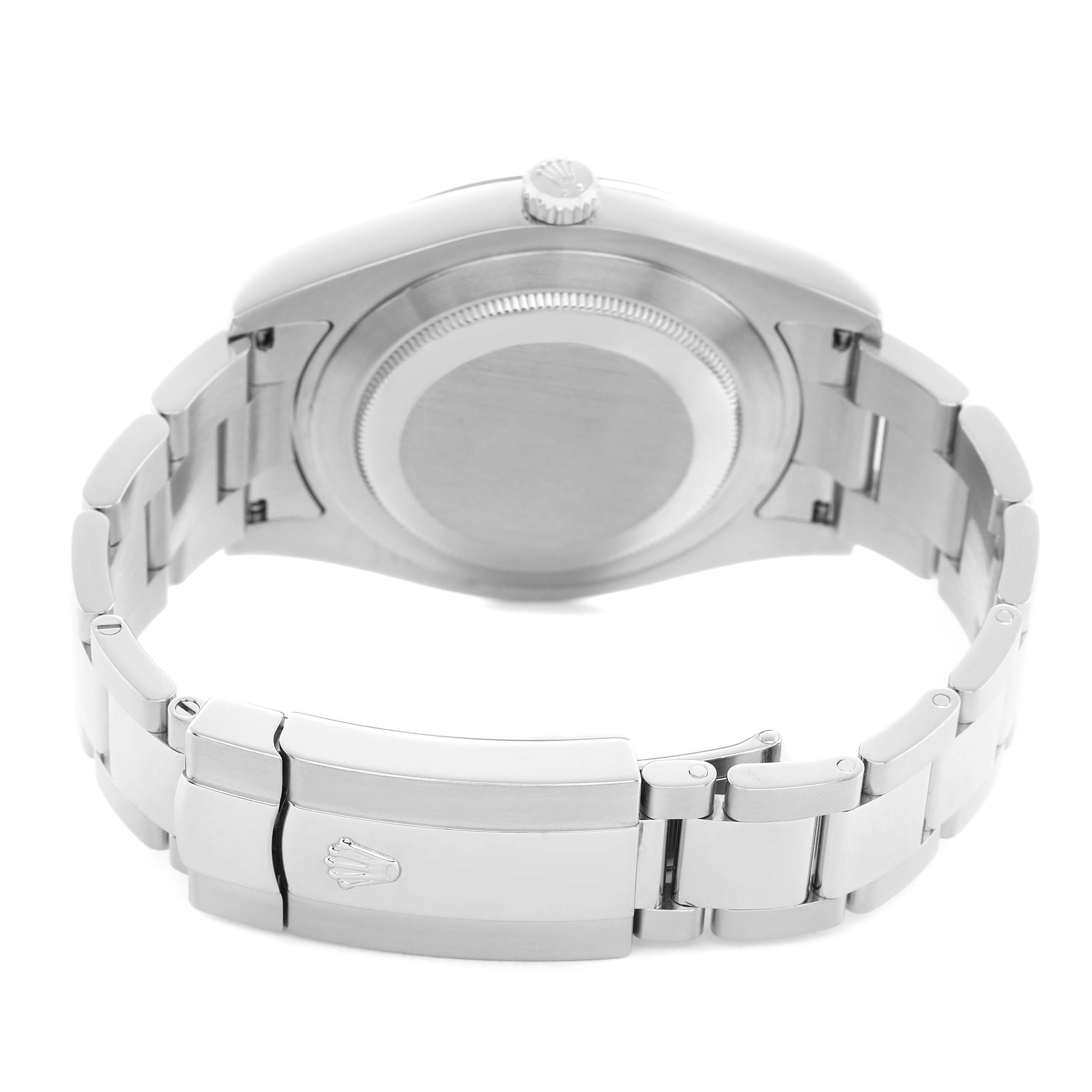 The image shows the rear view of the Rolex Datejust 41 116334 Men's Stainless Steel Silver Dial, highlighting the case back, bracelet, and clasp.