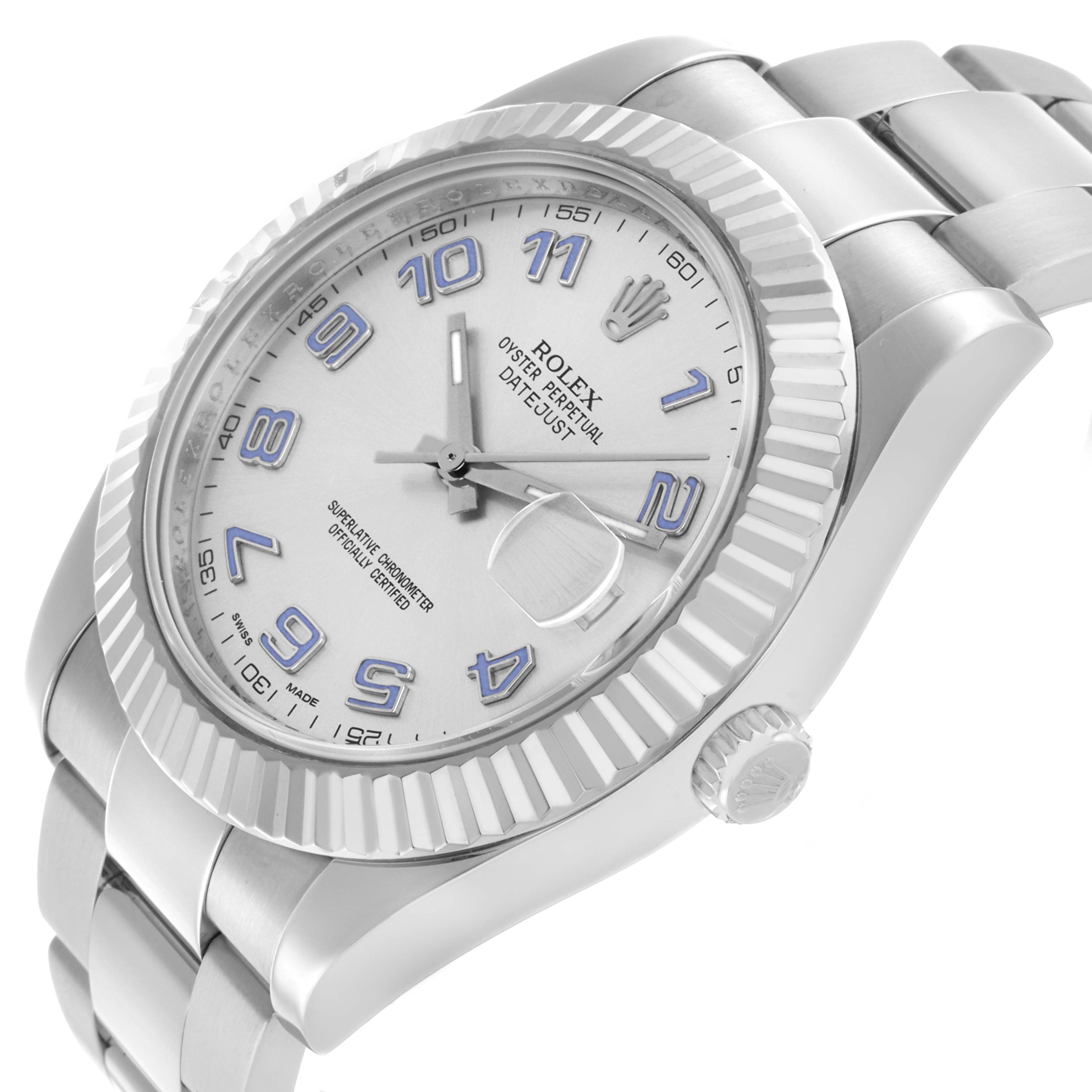 The Rolex Datejust 41 116334 Men's Stainless Steel Silver Dial is shown from a frontal angle, highlighting the dial, bezel, and part of the bracelet.