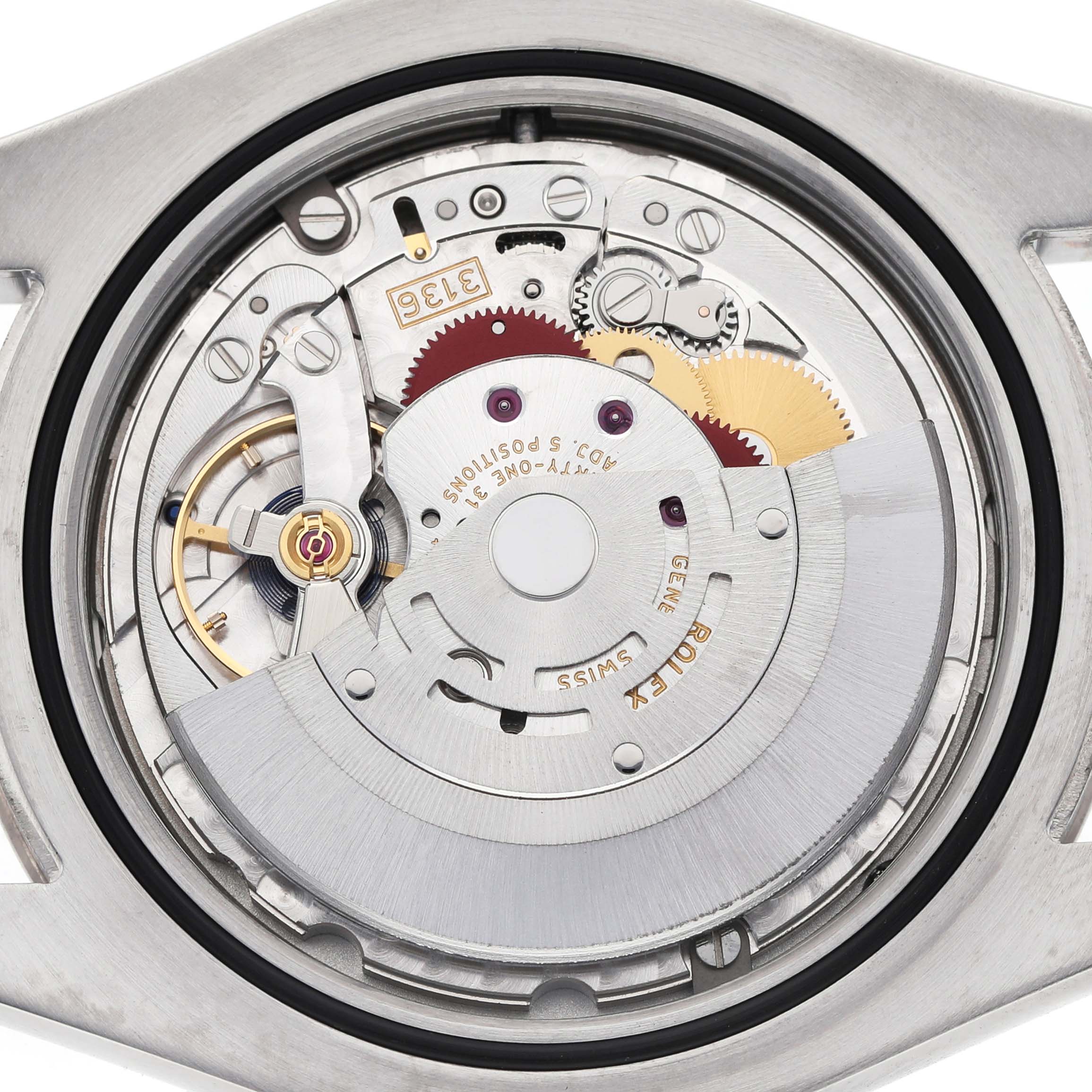 The image shows a close-up of the Rolex Datejust 41 116334 Men's Stainless Steel Silver Dial's movement, highlighting the intricate internal mechanics.