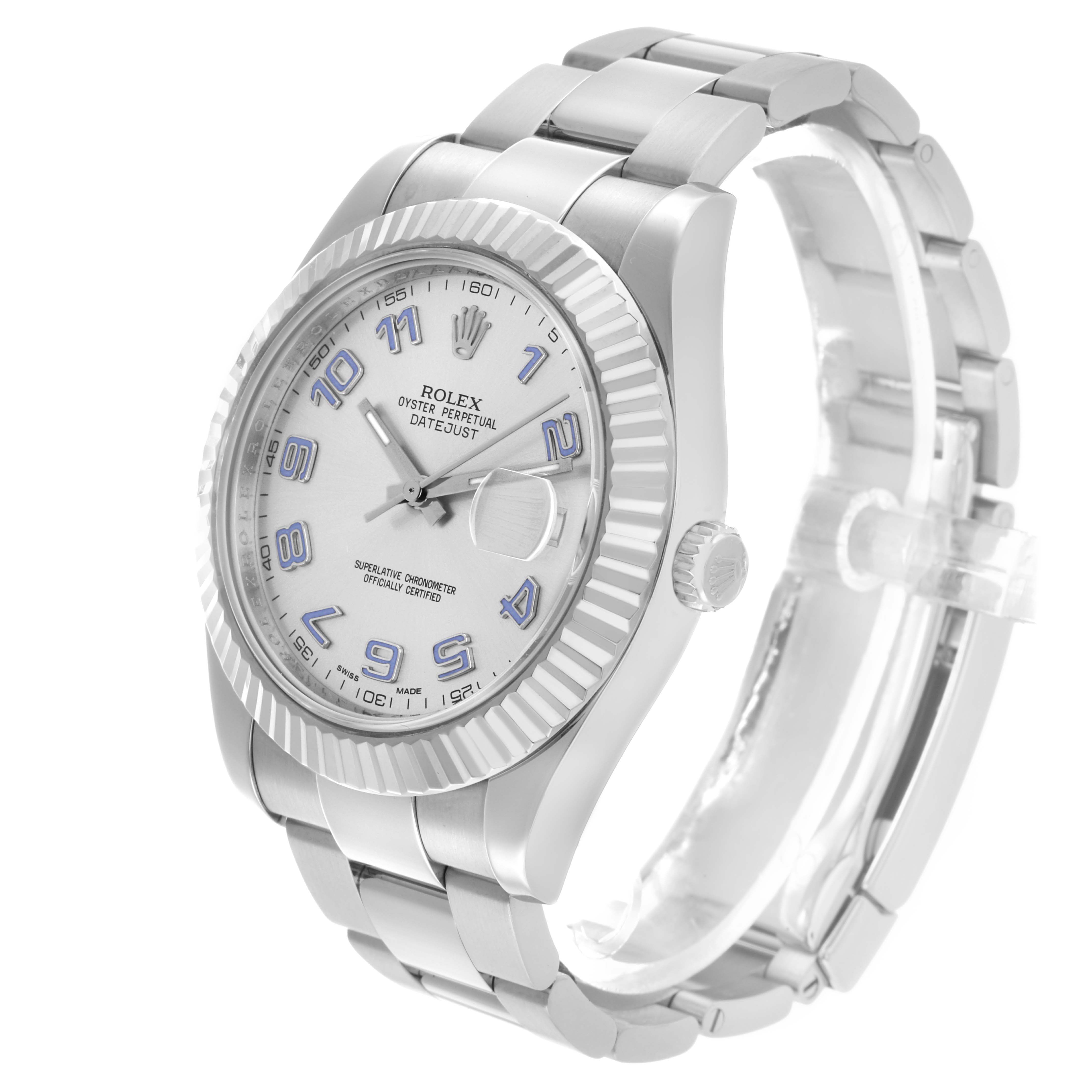 The Rolex Datejust 41 116334 Men's Stainless Steel Silver Dial is shown at a three-quarter angle, displaying its dial, bezel, crown, and bracelet.