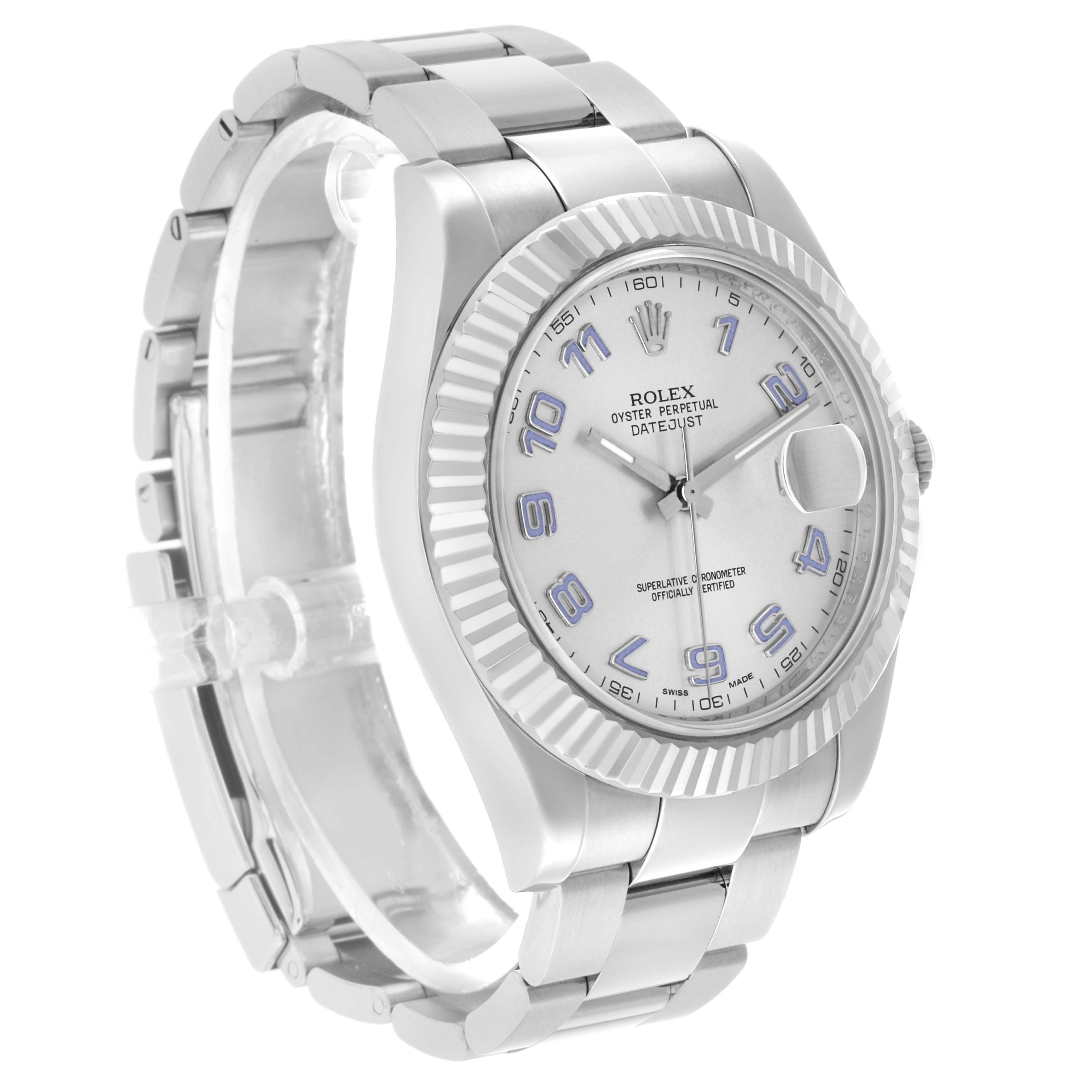 The Rolex Datejust 41 116334 Men's Stainless Steel Silver Dial is shown at a three-quarter angle, highlighting its dial, bezel, and bracelet.