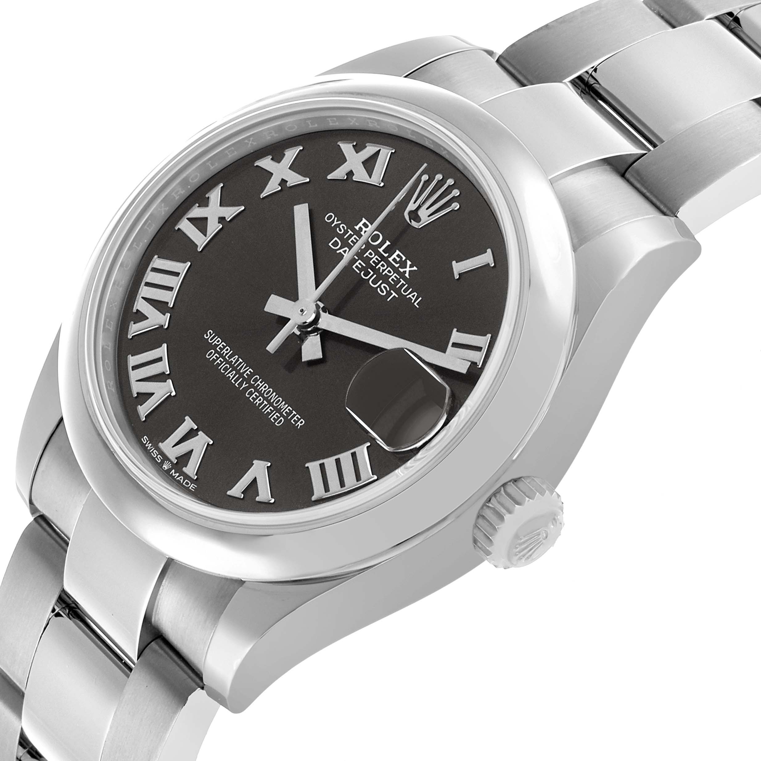 The Rolex Datejust 278240 Women's Stainless Steel Grey Dial watch is shown at a slight side angle, displaying the dial, bezel, crown, and part of the bracelet.