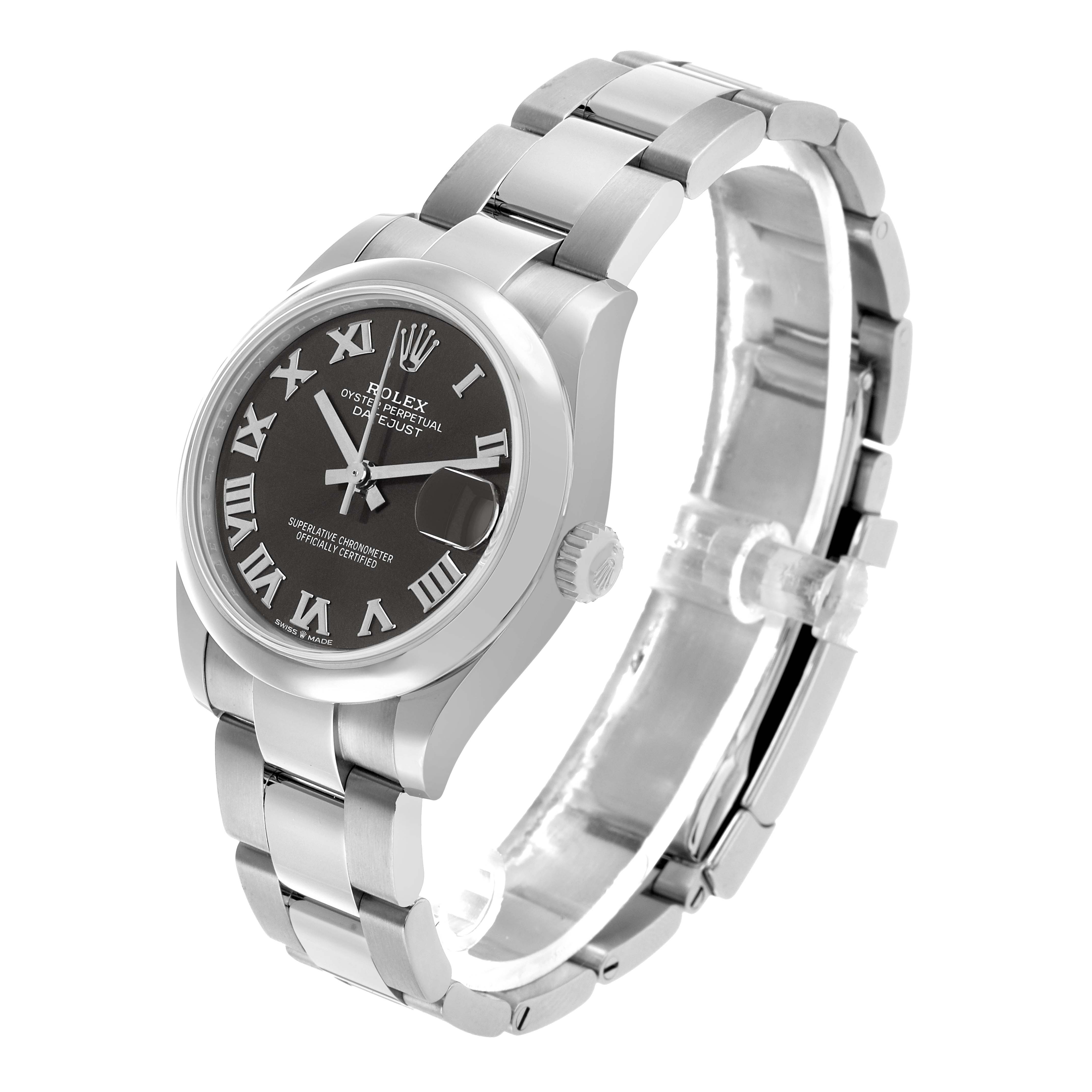The Rolex Datejust 278240 Women's Stainless Steel Grey Dial watch is shown at a three-quarter angle, highlighting the dial, bezel, crown, and bracelet.