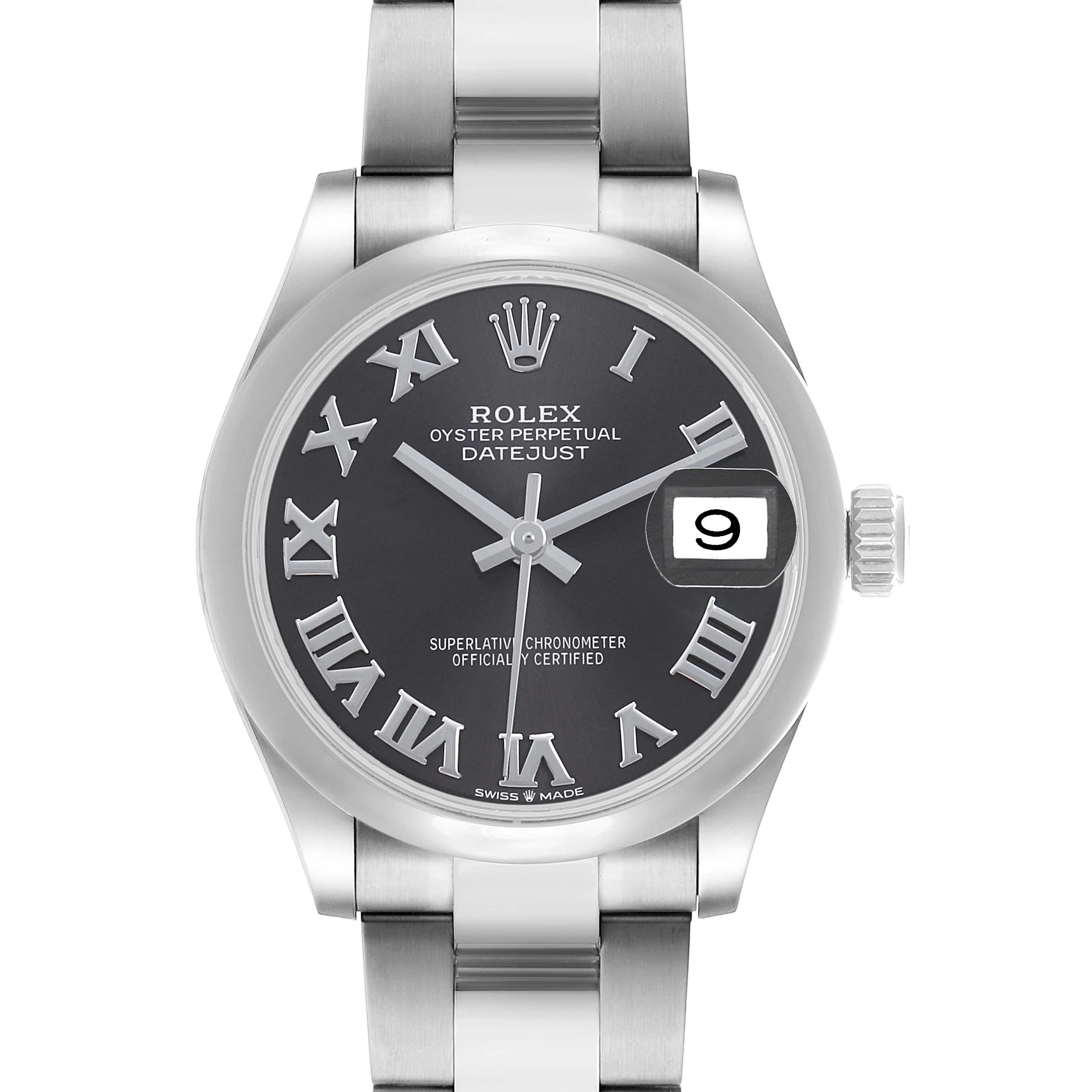 The Rolex Datejust 278240 Women's Stainless Steel Grey Dial watch is shown from a front angle, displaying the dial, bezel, and part of the bracelet.