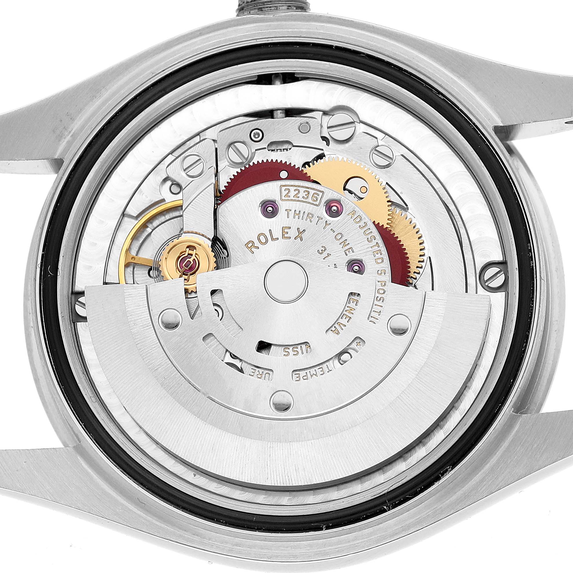 The image shows the back view of a Rolex Datejust 278240 Women's Stainless Steel Grey Dial, displaying its intricate movement and inner components.