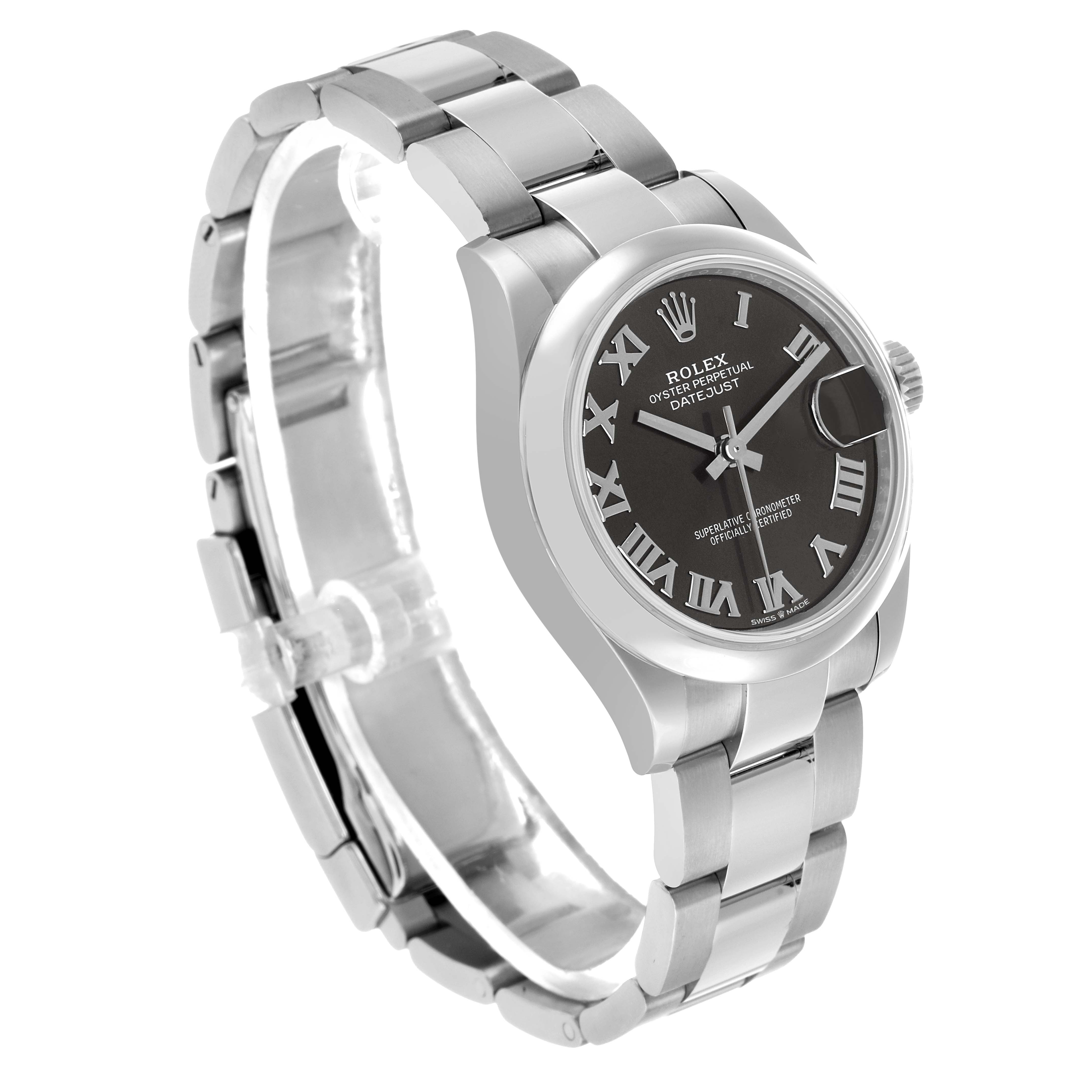 The Rolex Datejust 278240 Women's Stainless Steel Grey Dial watch is shown at a three-quarter angle, highlighting the face, bezel, and bracelet.