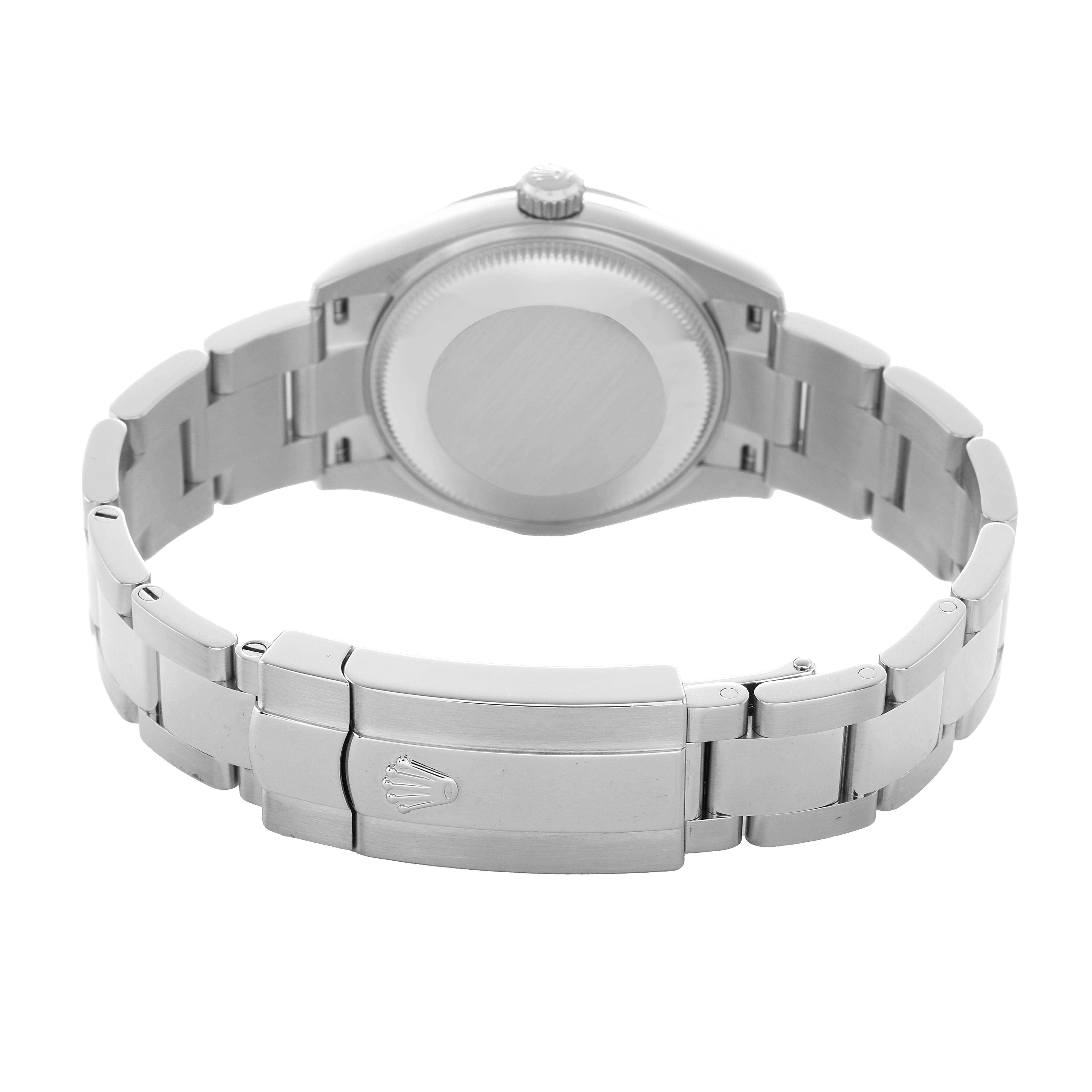 The image shows the back view of a Rolex Datejust 278240 Women's Stainless Steel Grey Dial, highlighting the bracelet, clasp, and case back.