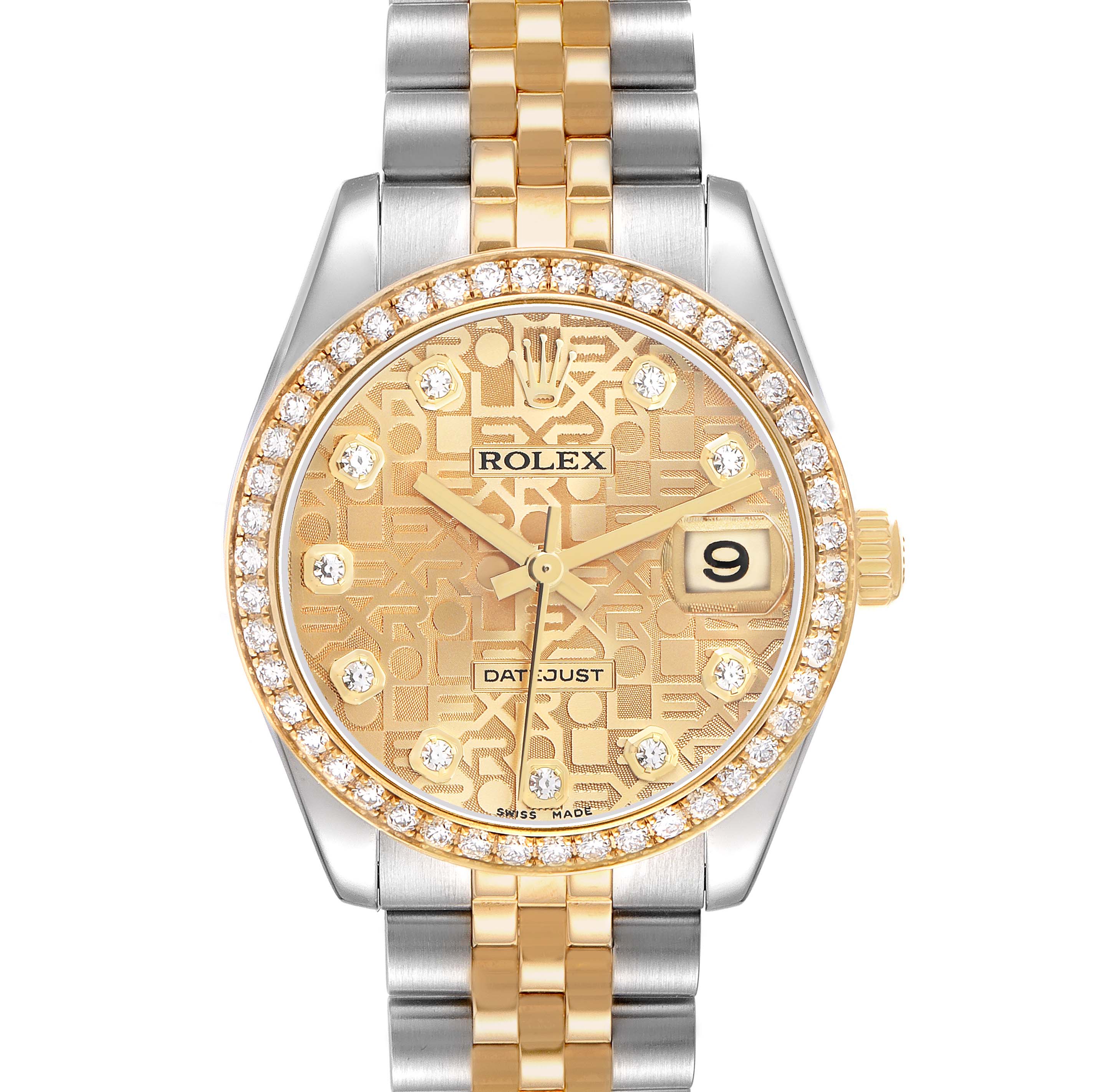 The Rolex Datejust 178383 Women's Steel and Gold (two tone) Champagne Dial watch is shown from the front, highlighting its gold dial, diamond bezel, and two-tone bracelet.