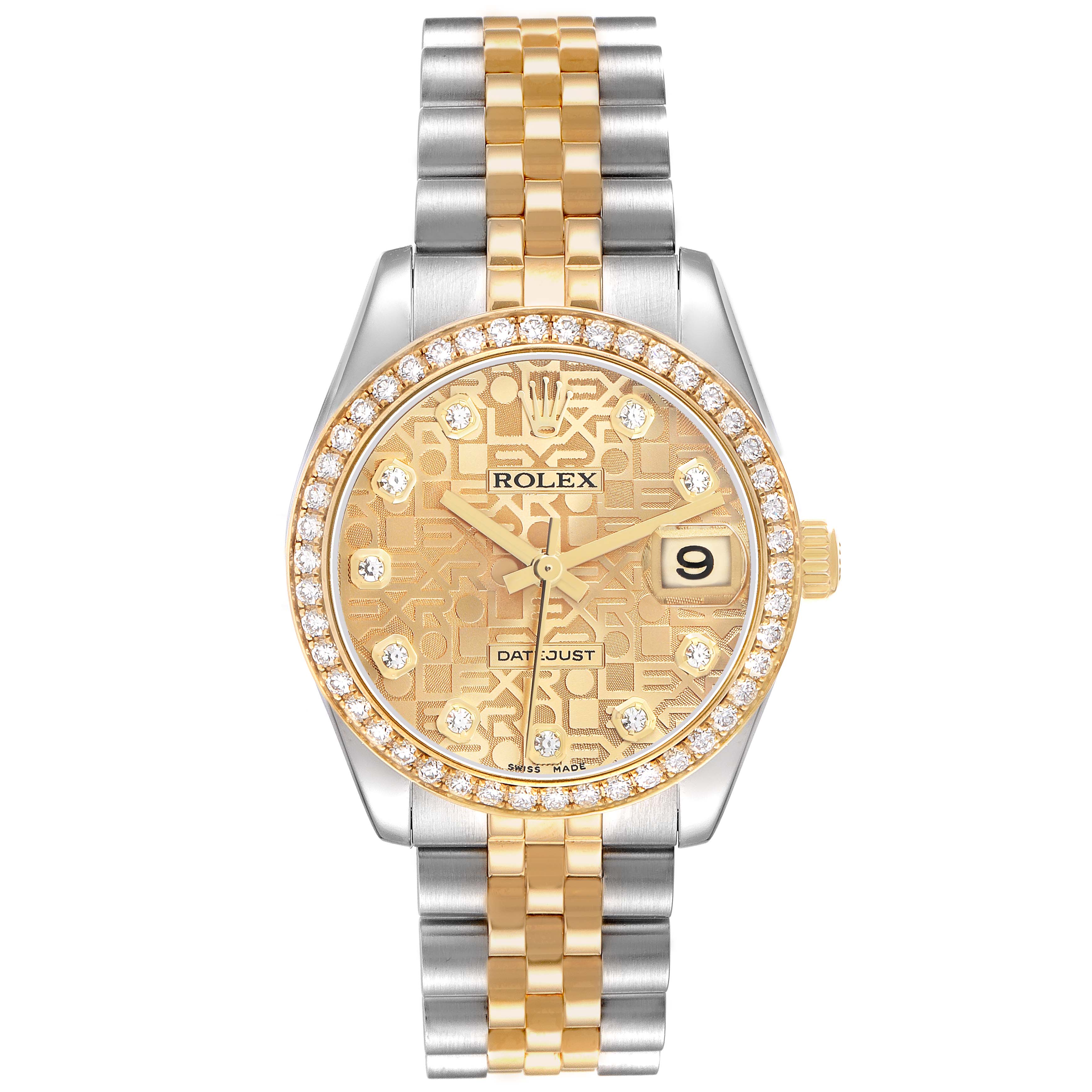 The Rolex Datejust 178383 Women's Steel and Gold (two tone) Champagne Dial is shown from the front, highlighting the dial, bezel, and two-tone bracelet.