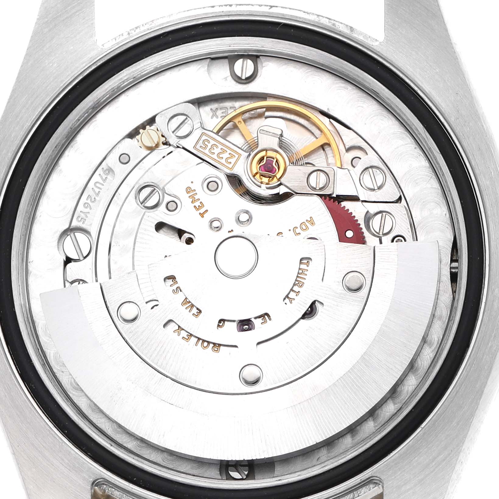 The image shows the movement mechanism of a Rolex Datejust 178383 Women's Steel and Gold (two tone) Champagne Dial watch viewed from the case back.