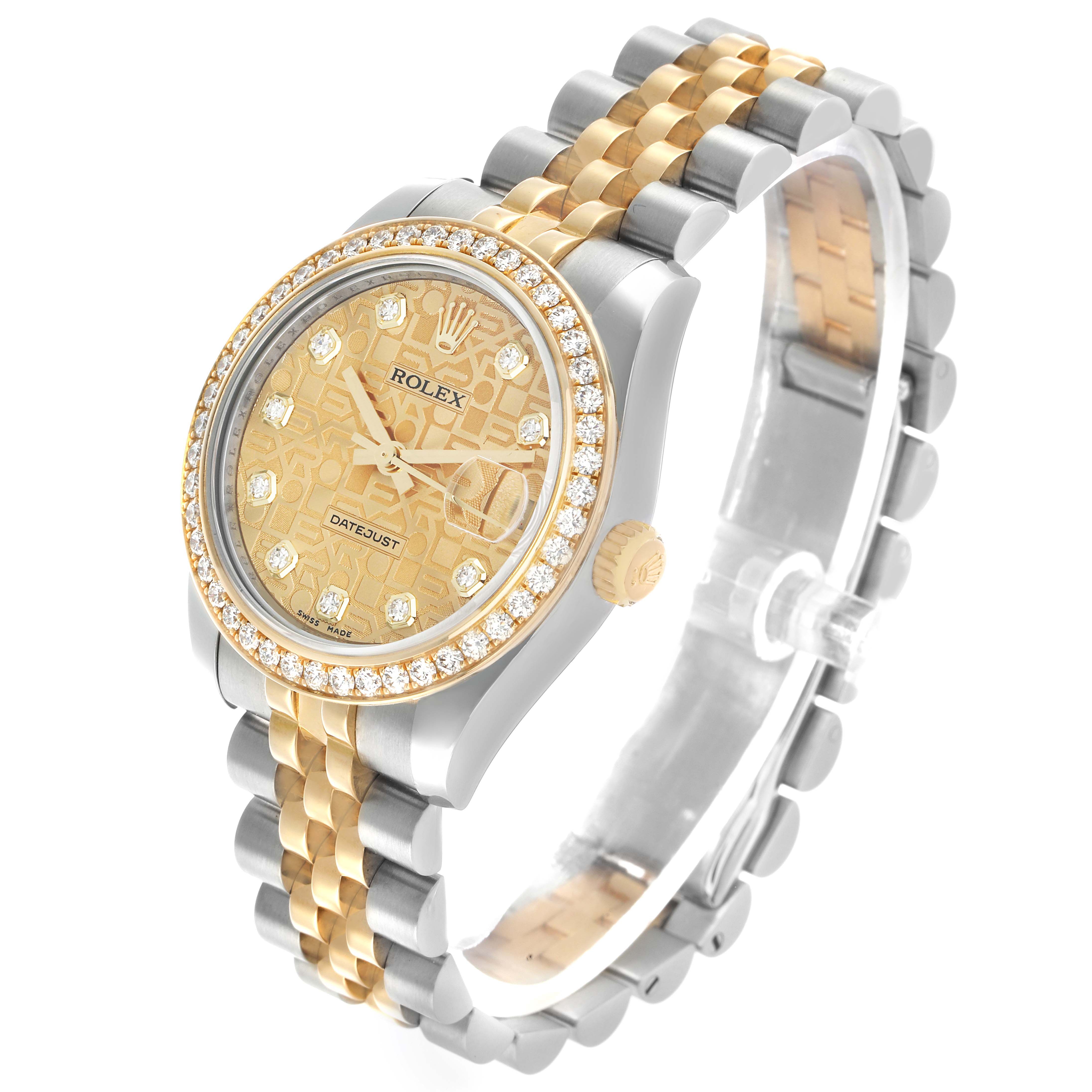 The Rolex Datejust 178383 Women's Steel and Gold (two tone) Champagne Dial watch is shown at a three-quarter angle, highlighting the face, bezel, crown, and bracelet.