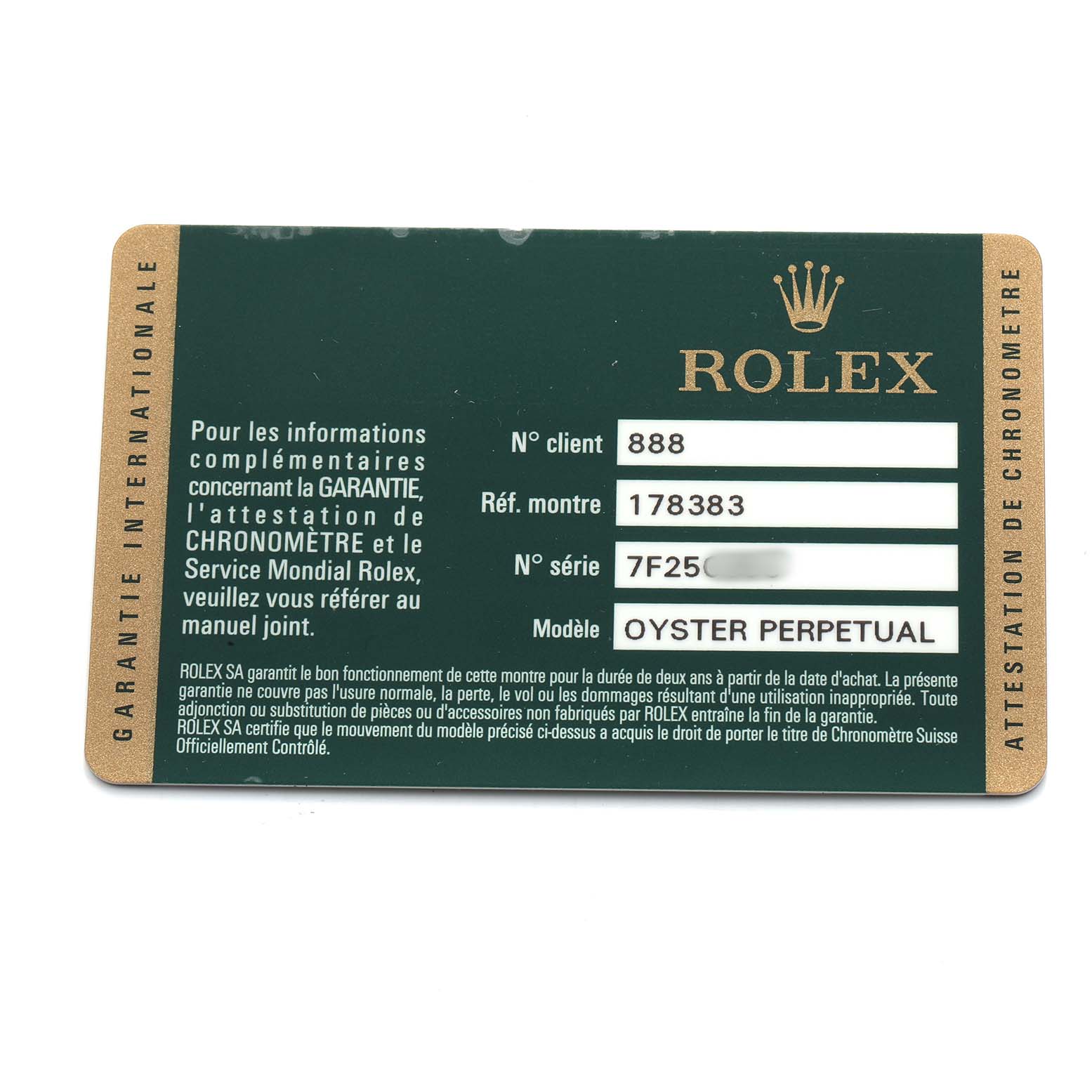 The image shows the warranty card for the Rolex Datejust 178383 Women's Steel and Gold (two tone) Champagne Dial model, featuring model and serial numbers.