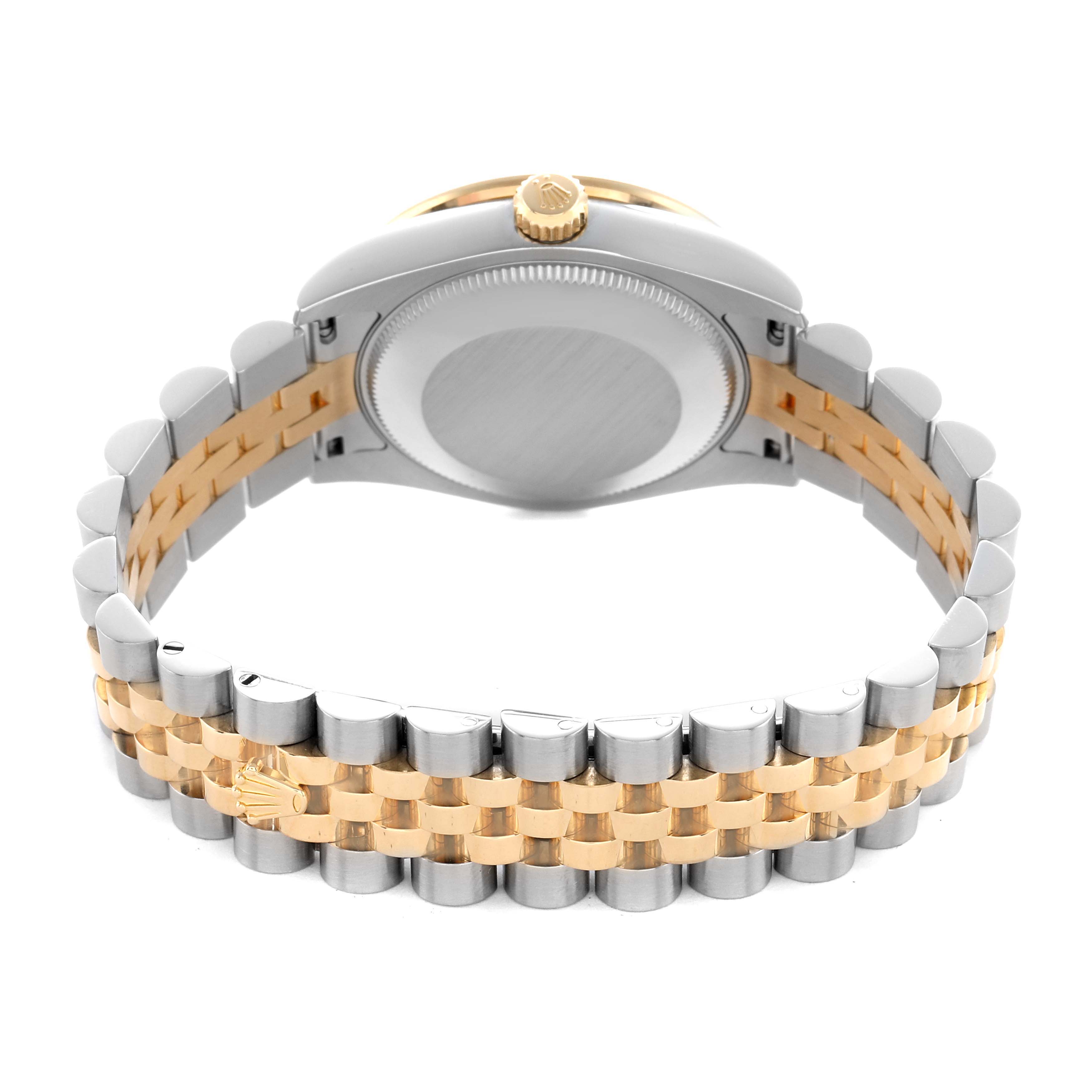 The image shows the back of a Rolex Datejust 178383 Women's Steel and Gold (two tone) Champagne Dial watch, highlighting the bracelet and case back.