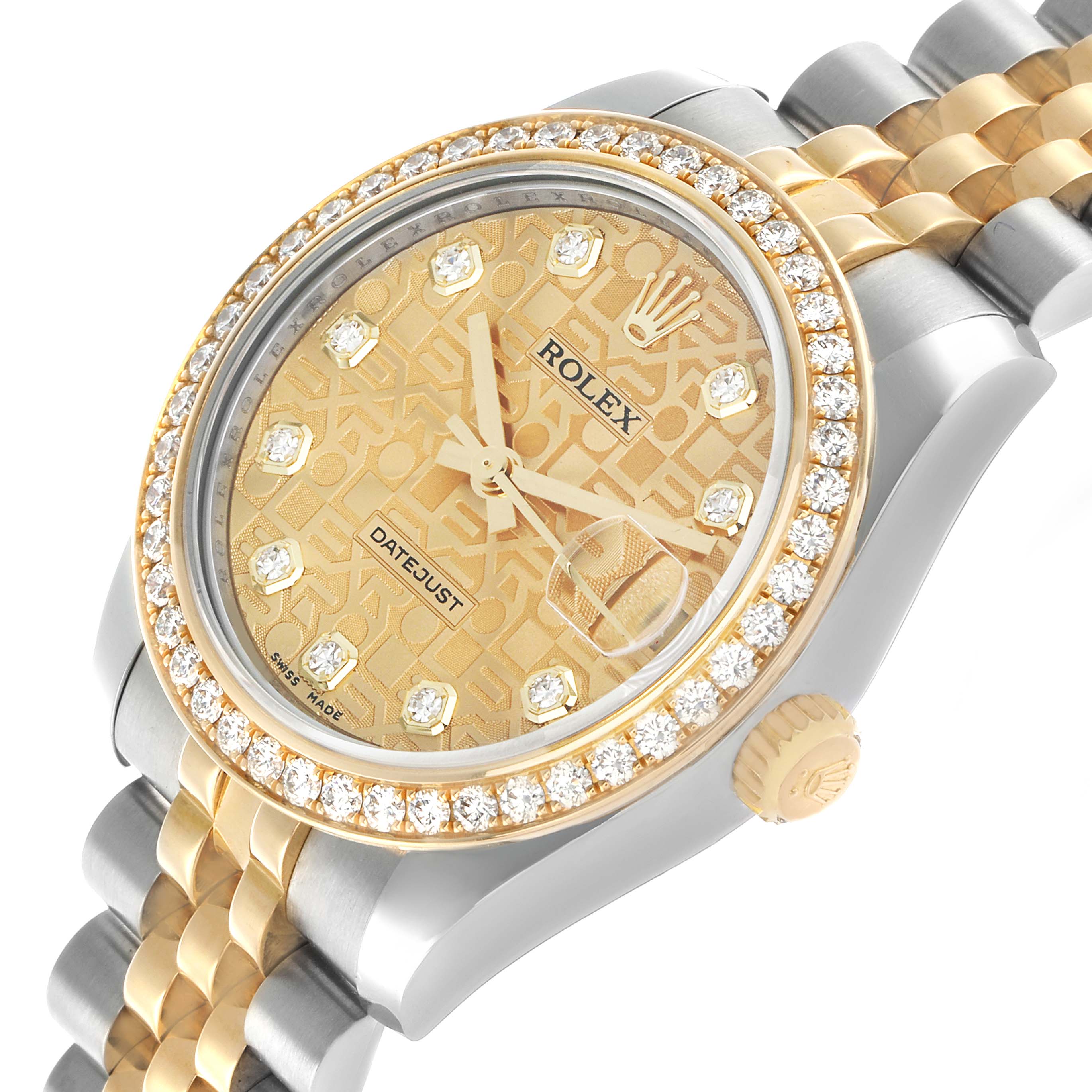 The image shows a Rolex Datejust 178383 Women's Steel and Gold (two tone) Champagne Dial watch at an angled view, highlighting the diamond bezel, patterned dial, hands, crown, and bracelet.