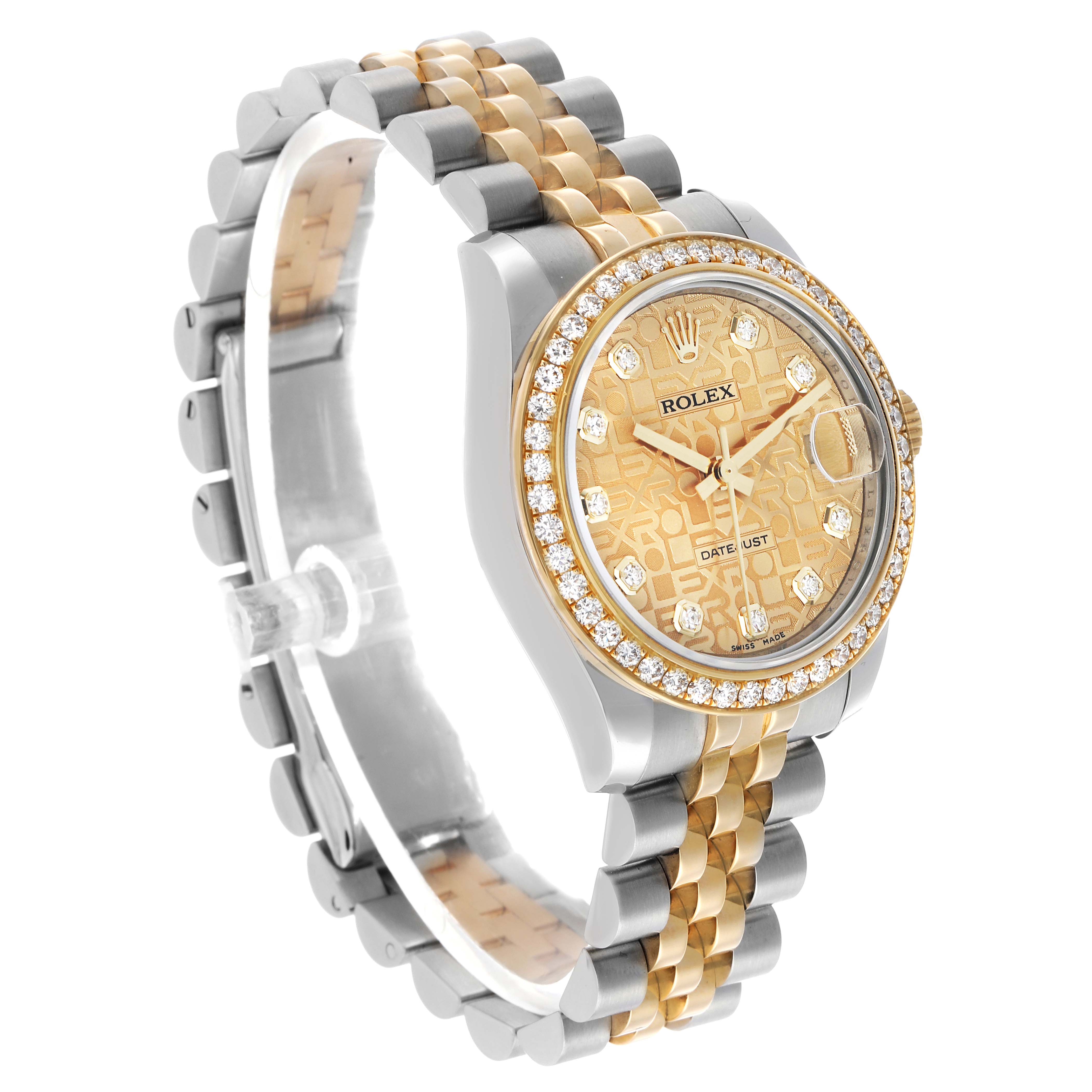 The Rolex Datejust 178383 Women's Steel and Gold (two tone) Champagne Dial watch is shown at a three-quarter angle, highlighting the face, bezel, and dual-tone bracelet.