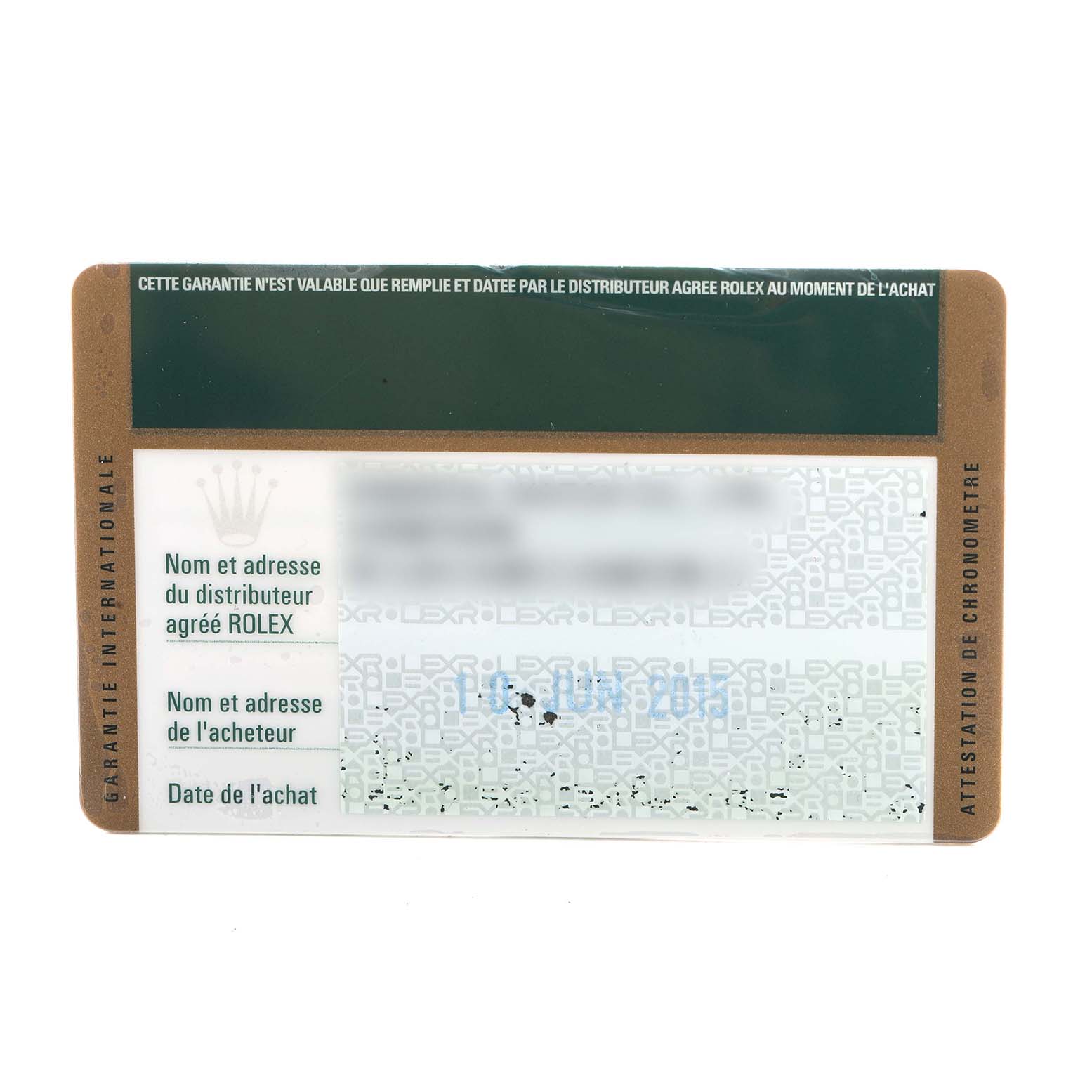 The image shows an international guarantee card for the Rolex Datejust 178383 Women's Steel and Gold (two tone) Champagne Dial, viewed from the top.