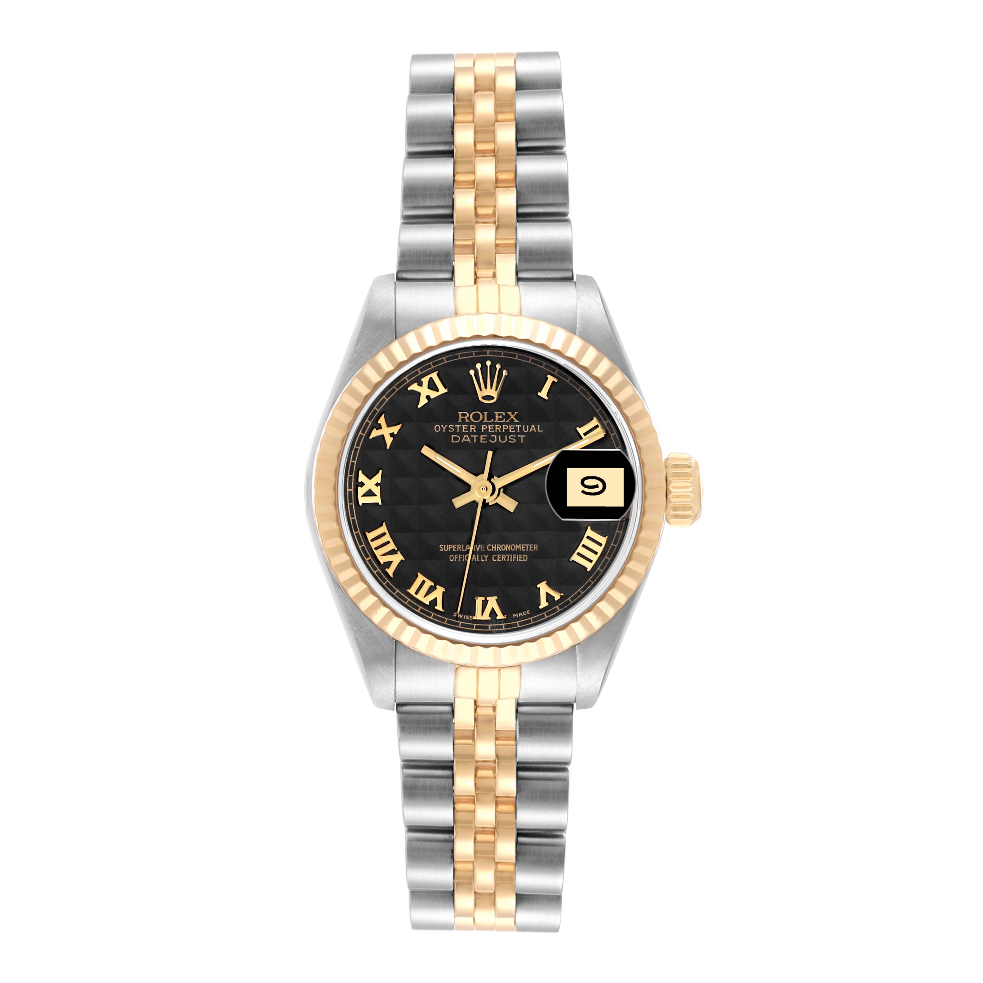 This image shows a full front view of a Rolex Datejust 69173 Women's Steel and Gold (two tone) Black Dial 69173 Women's Steel and Gold (two tone) Black Dial watch, featuring a two-tone bracelet and black dial.
