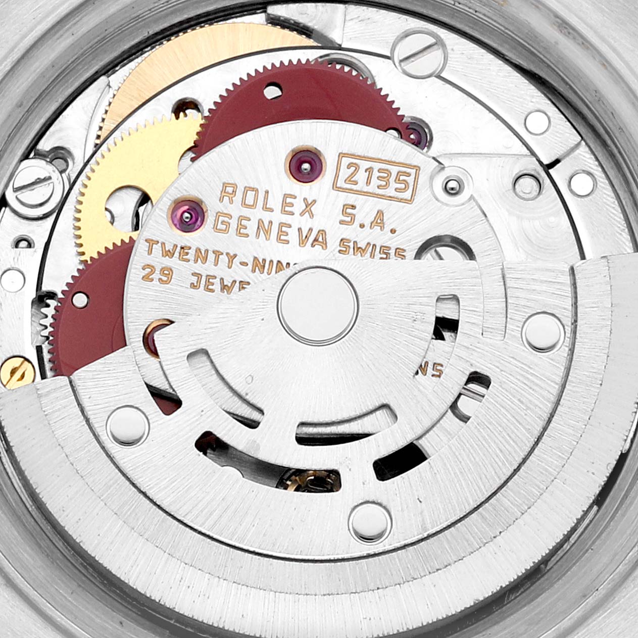This close-up image shows the internal mechanism of a Rolex Datejust 69173 Women's Steel and Gold (two tone) Black Dial 69173 Women's Steel and Gold (two tone) Black Dial model watch.