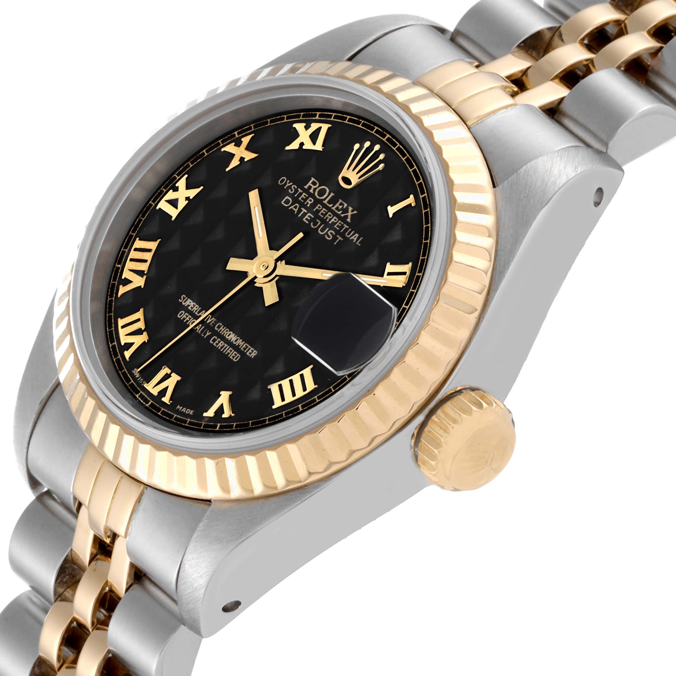 This angled view displays the Rolex Datejust 69173 Women's Steel and Gold (two tone) Black Dial 69173 Women's Steel and Gold (two tone) Black Dial watch's black dial, fluted gold bezel, crown, and two-tone metal bracelet.