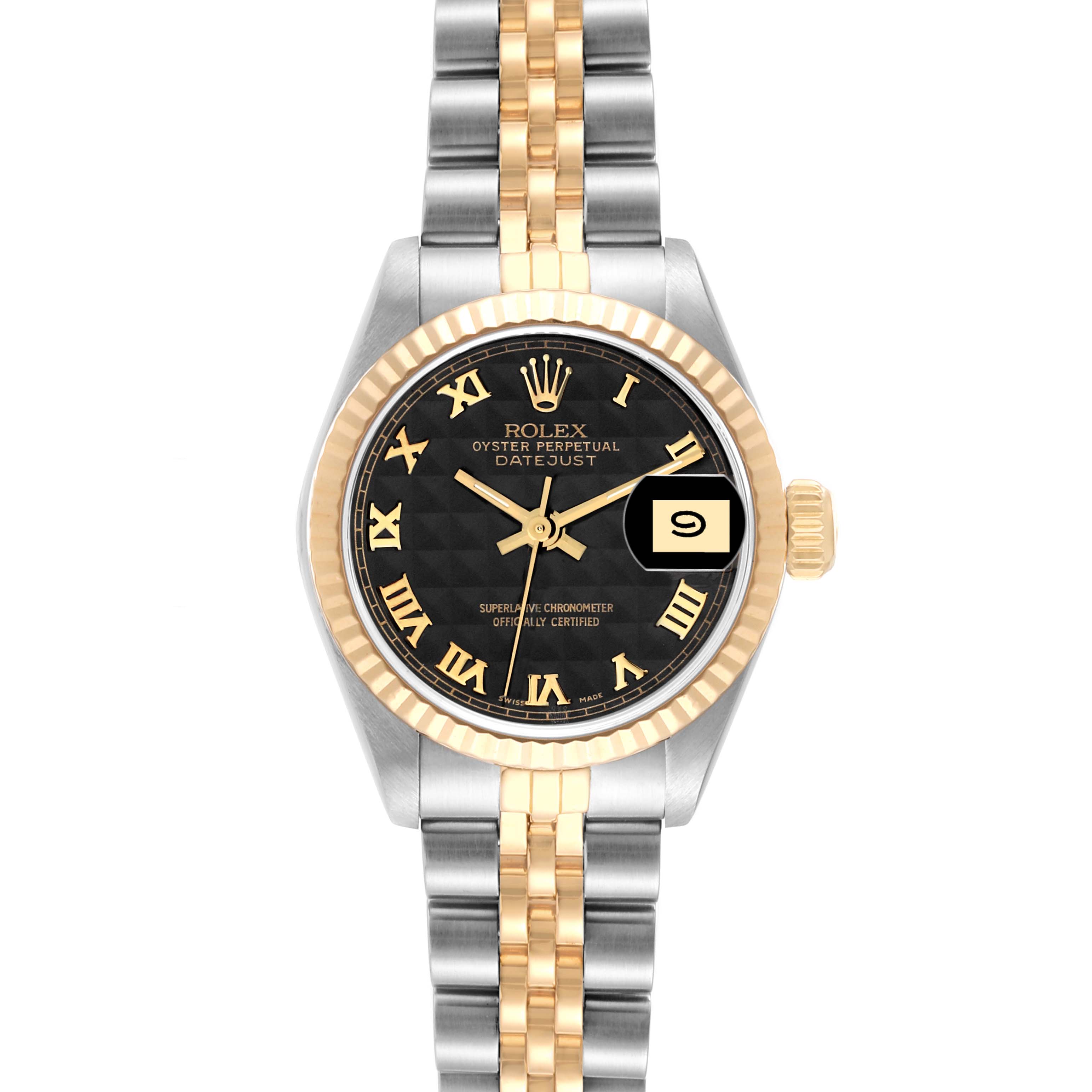 The Rolex Datejust 69173 Women's Steel and Gold (two tone) Black Dial 69173 Women's Steel and Gold (two tone) Black Dial watch is shown from a top-down angle, displaying the face, bezel, and bracelet.