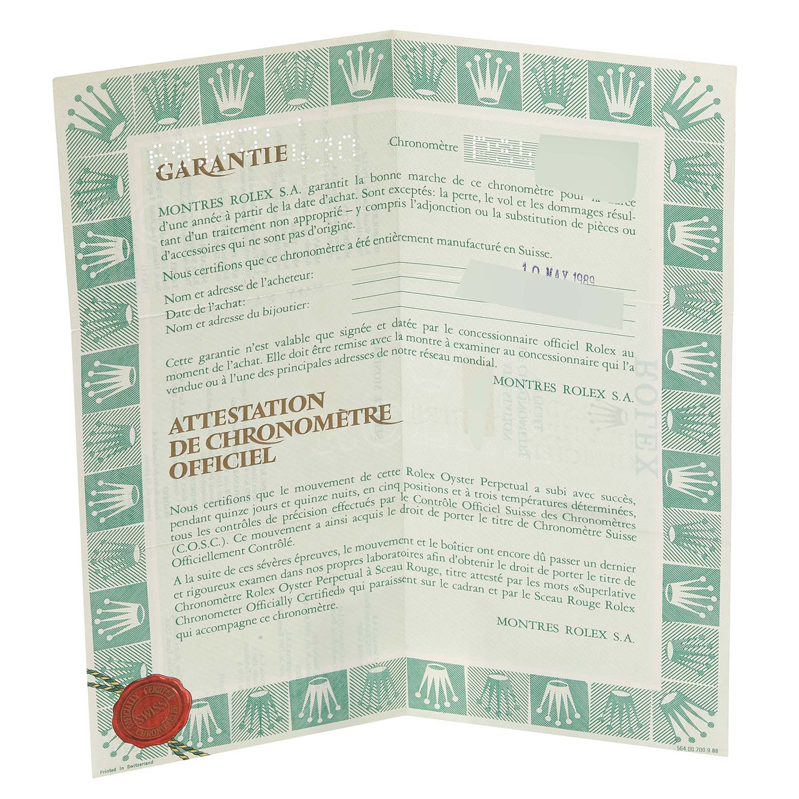 This image shows the warranty certificate and chronometer certification for a Rolex Datejust 69173 Women's Steel and Gold (two tone) Black Dial 69173 Women's Steel and Gold (two tone) Black Dial watch.