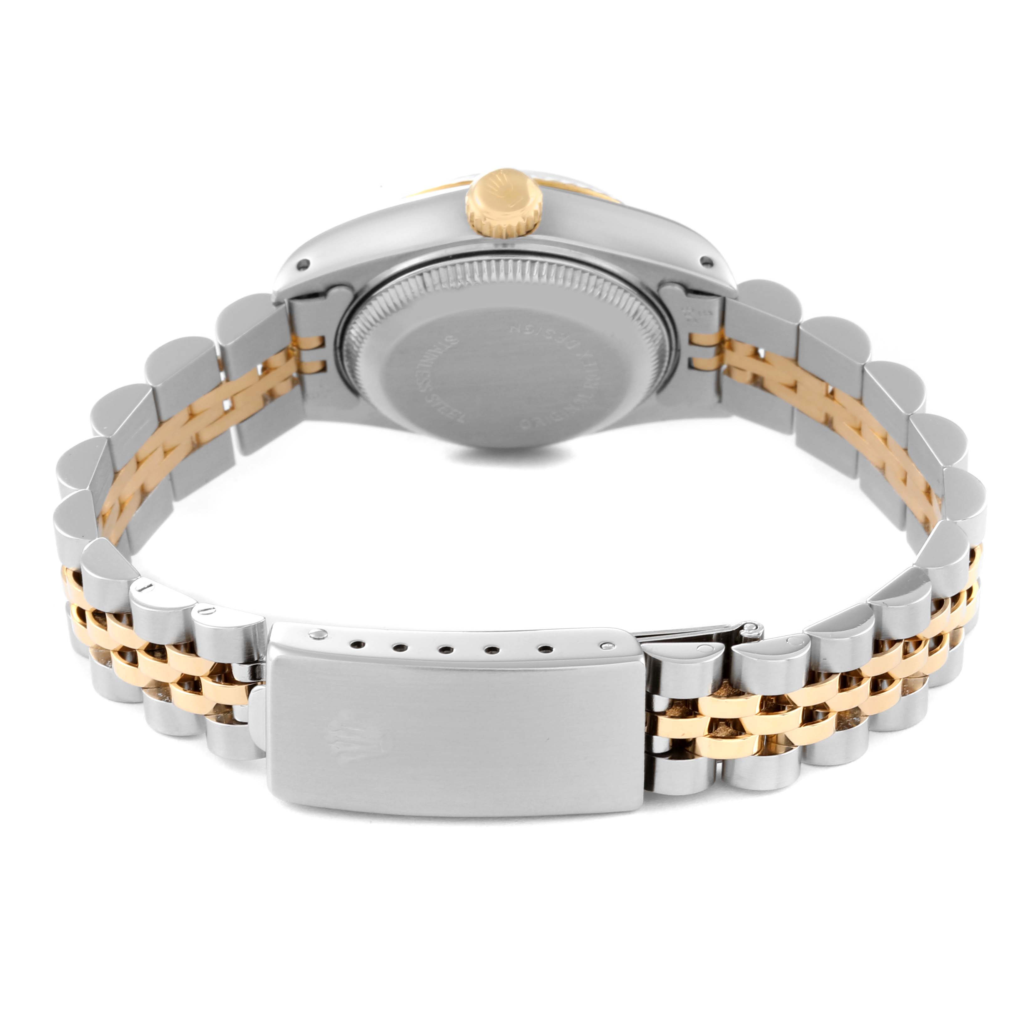 This image shows the back casing and bracelet of a Rolex Datejust 69173 Women's Steel and Gold (two tone) Black Dial 69173 Women's Steel and Gold (two tone) Black Dial model, displaying the two-tone metal links and clasp.