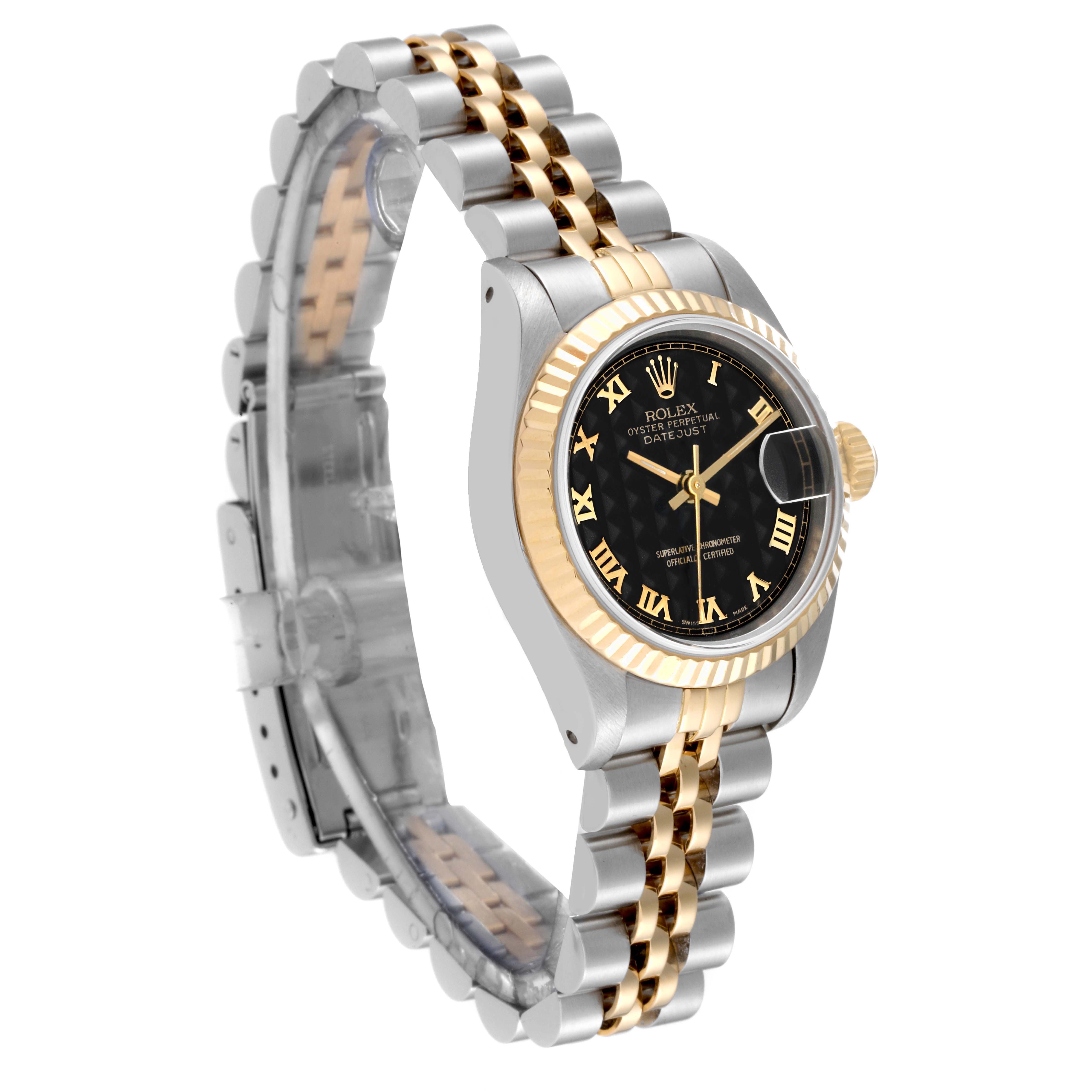 The Rolex Datejust 69173 Women's Steel and Gold (two tone) Black Dial 69173 Women's Steel and Gold (two tone) Black Dial watch is shown at a slight side angle, featuring its band, bezel, dial, and crown.
