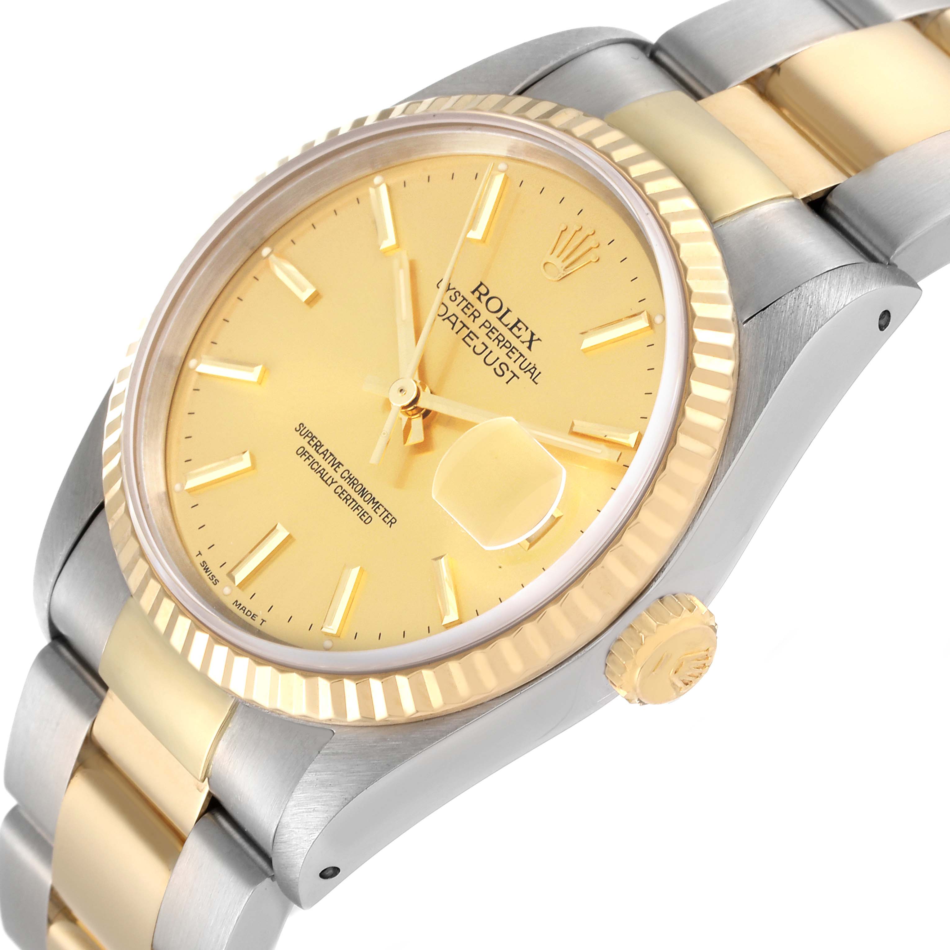 The Rolex Datejust 16233 Men's Steel and Gold (two tone) Champagne Dial 16233 Men's Steel and Gold (two tone) Champagne Dial watch is shown at an angle highlighting its gold dial, bezel, and two-tone bracelet.